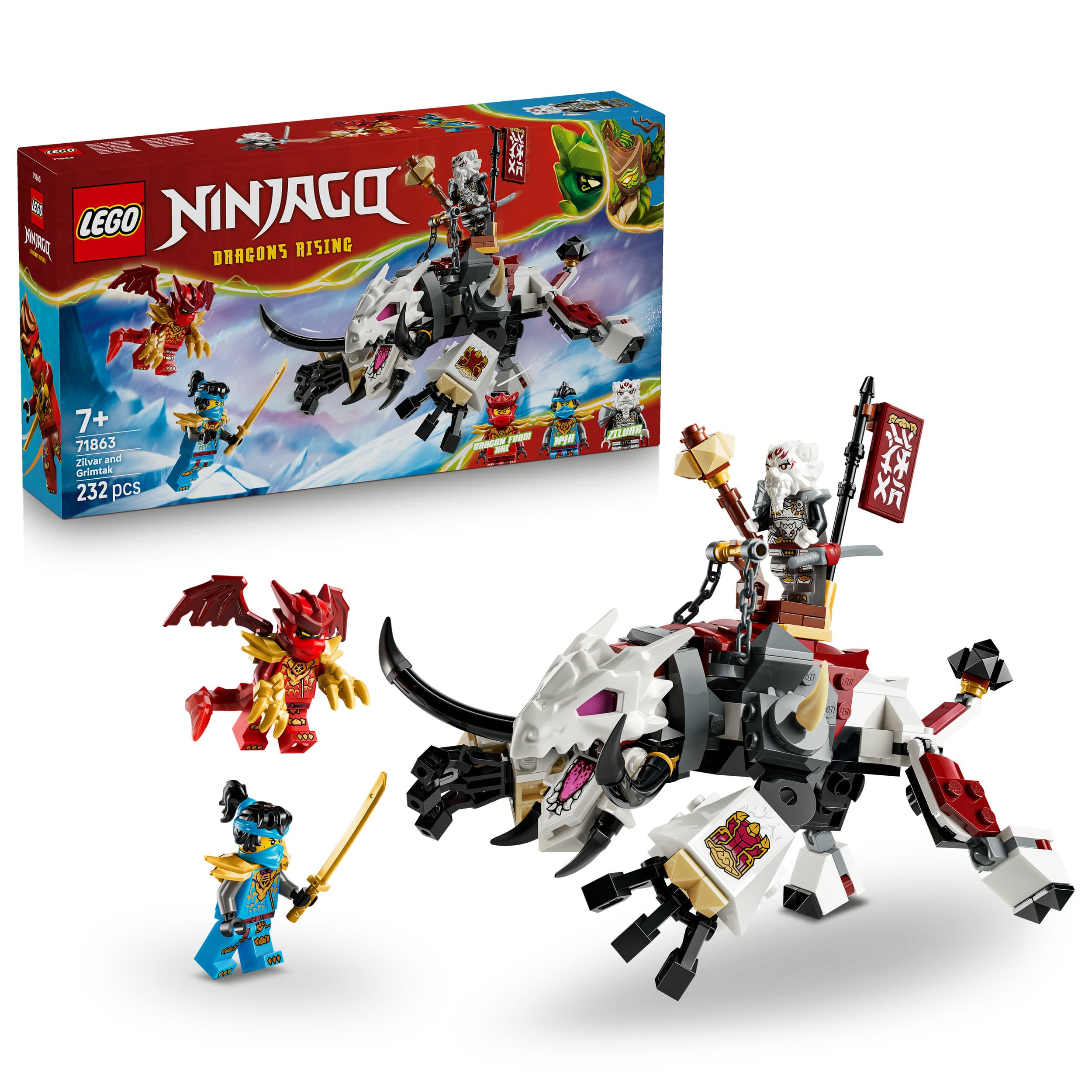 LEGO NINJAGO 71863 Zilvar auf seinem Drachentier Grimtak, Spielzeugmonster mit 3 Minifiguren