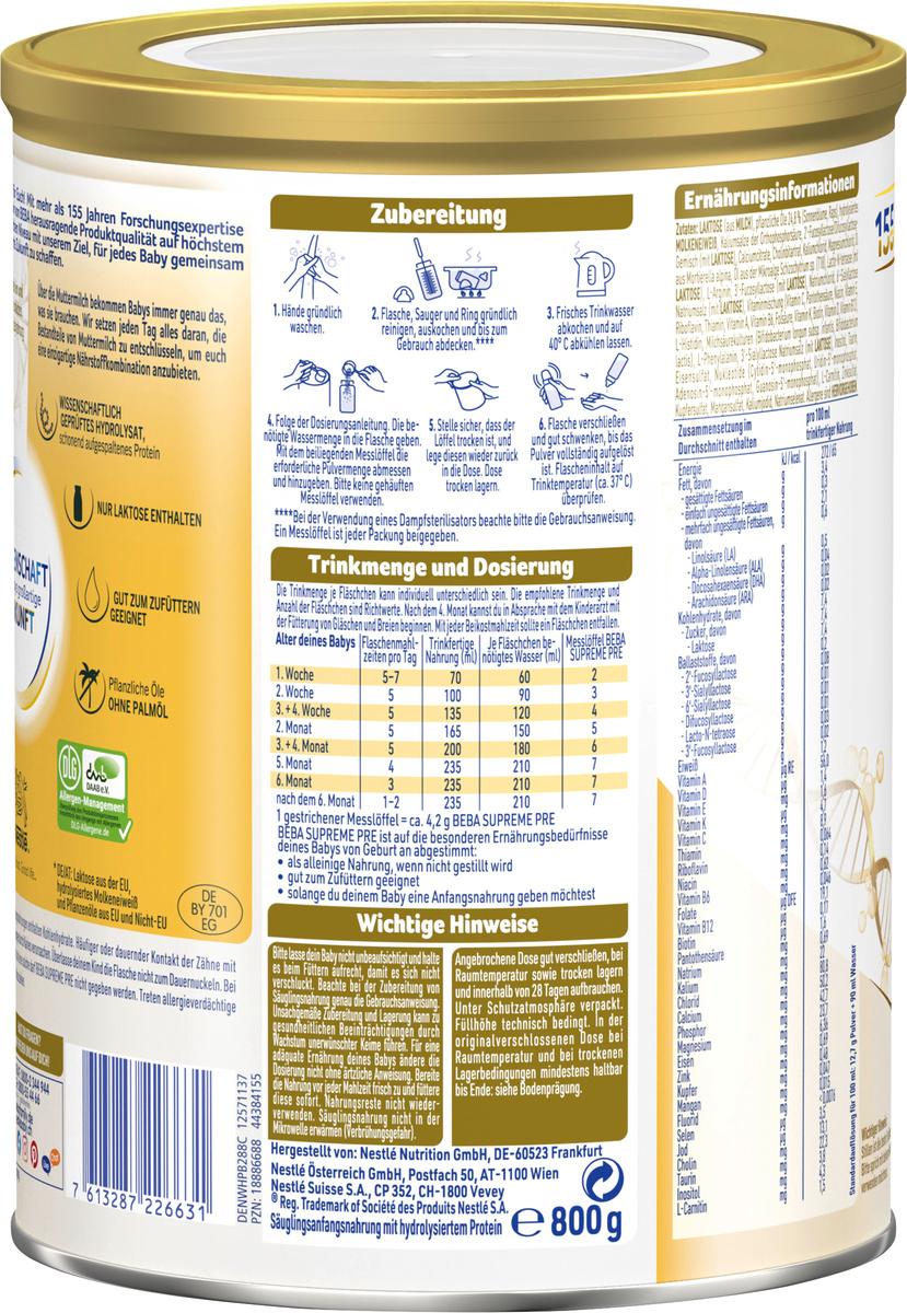 Produktbild BEBA SUPREME PRE Säuglingsanfangsnahrung von Geburt an 2 von 12
