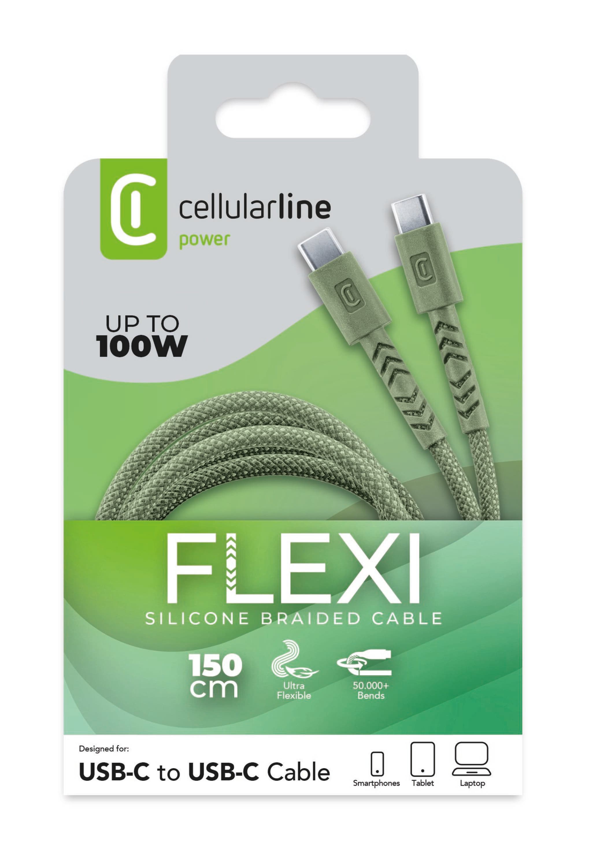 Cellularline Flexi Braided Data Cable 1,5 m USB Typ-C/ Typ-C 100W Green
