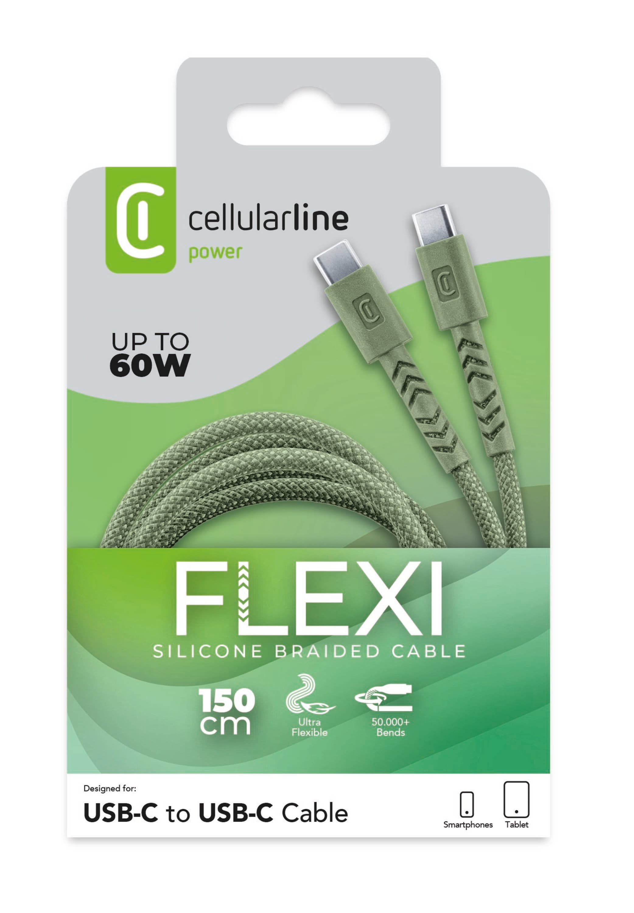 Cellularline Flexi Braided Data Cable 1,5 m USB Typ-C/ Typ-C 60W Green