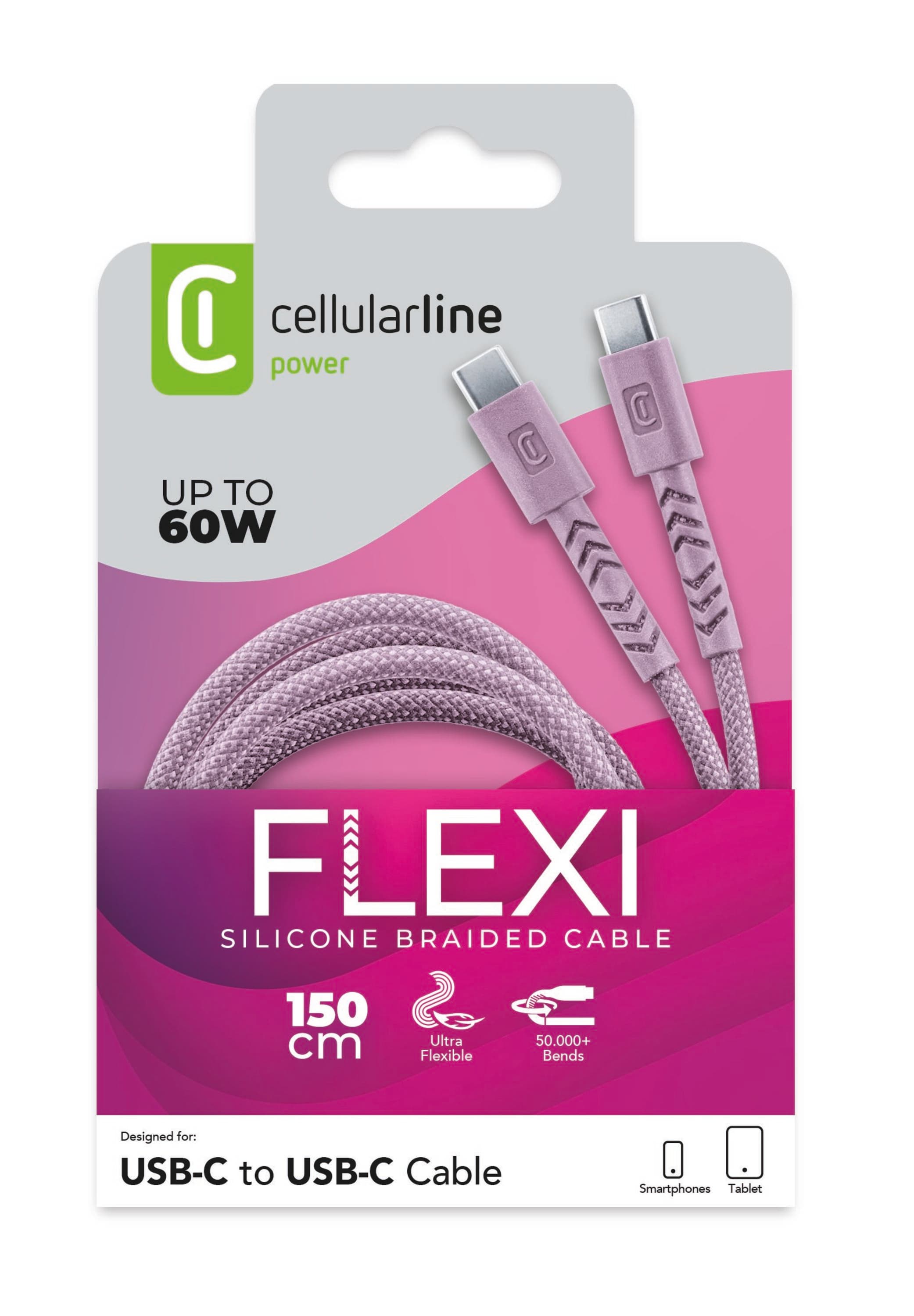 Cellularline Flexi Braided Data Cable 1,5 m USB Typ-C/ Typ-C 60W Pink