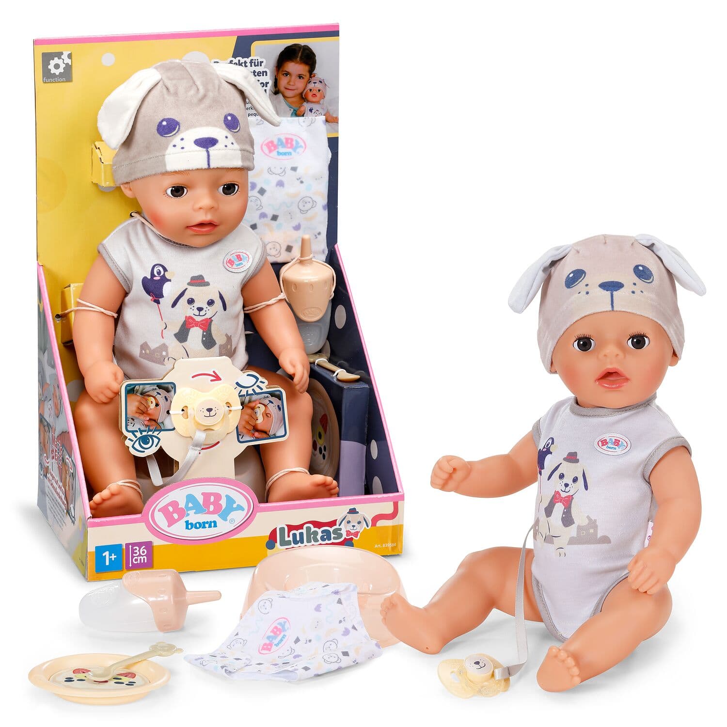 BABY born Lukas in Strampler mit Hundemotiv, 36 cm große Puppe mit 7 Funktionen für Kinder ab 1 Jahr