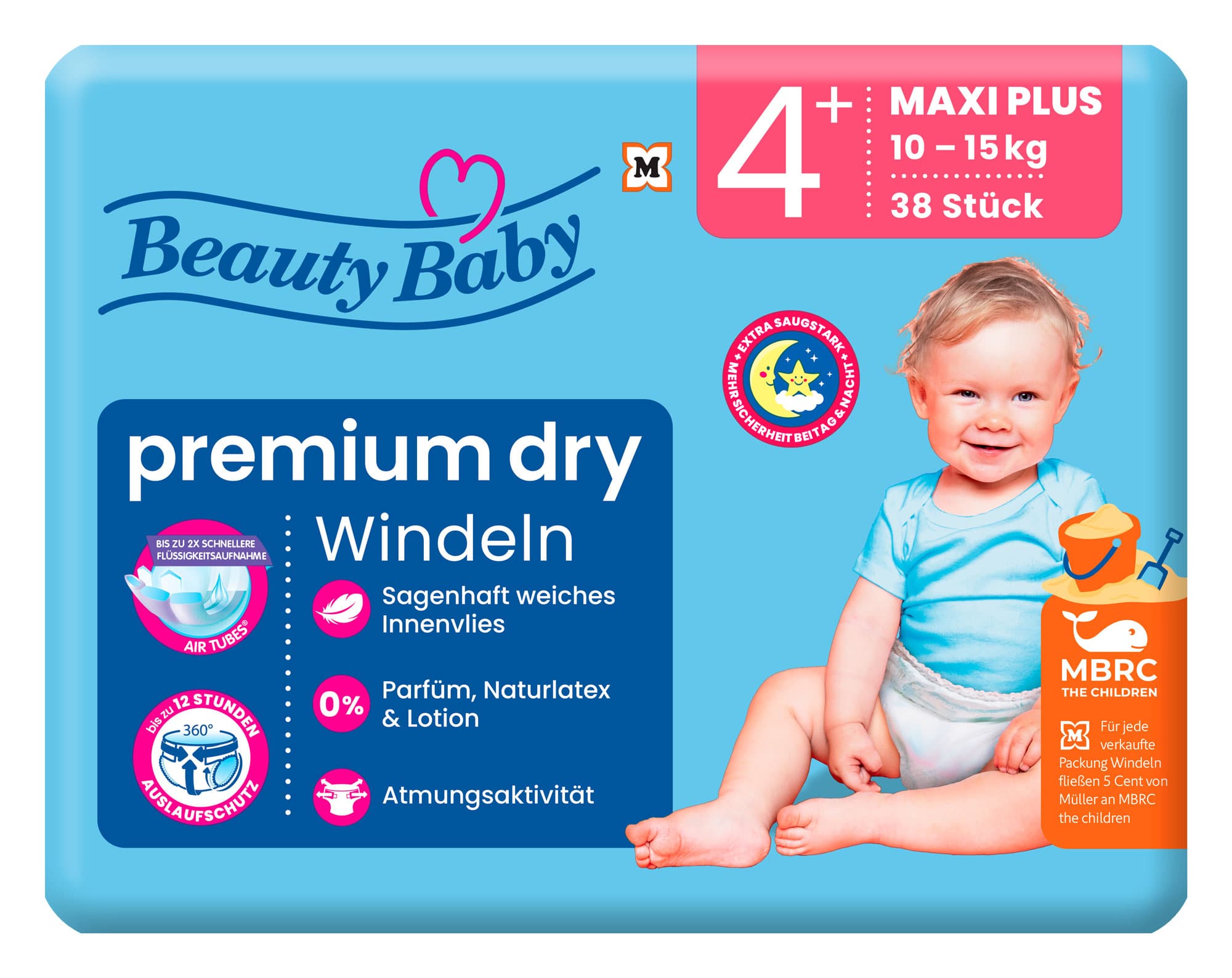 Beauty Baby Premium Dry Windeln, Größe 4+ Maxi+, 9-14 kg