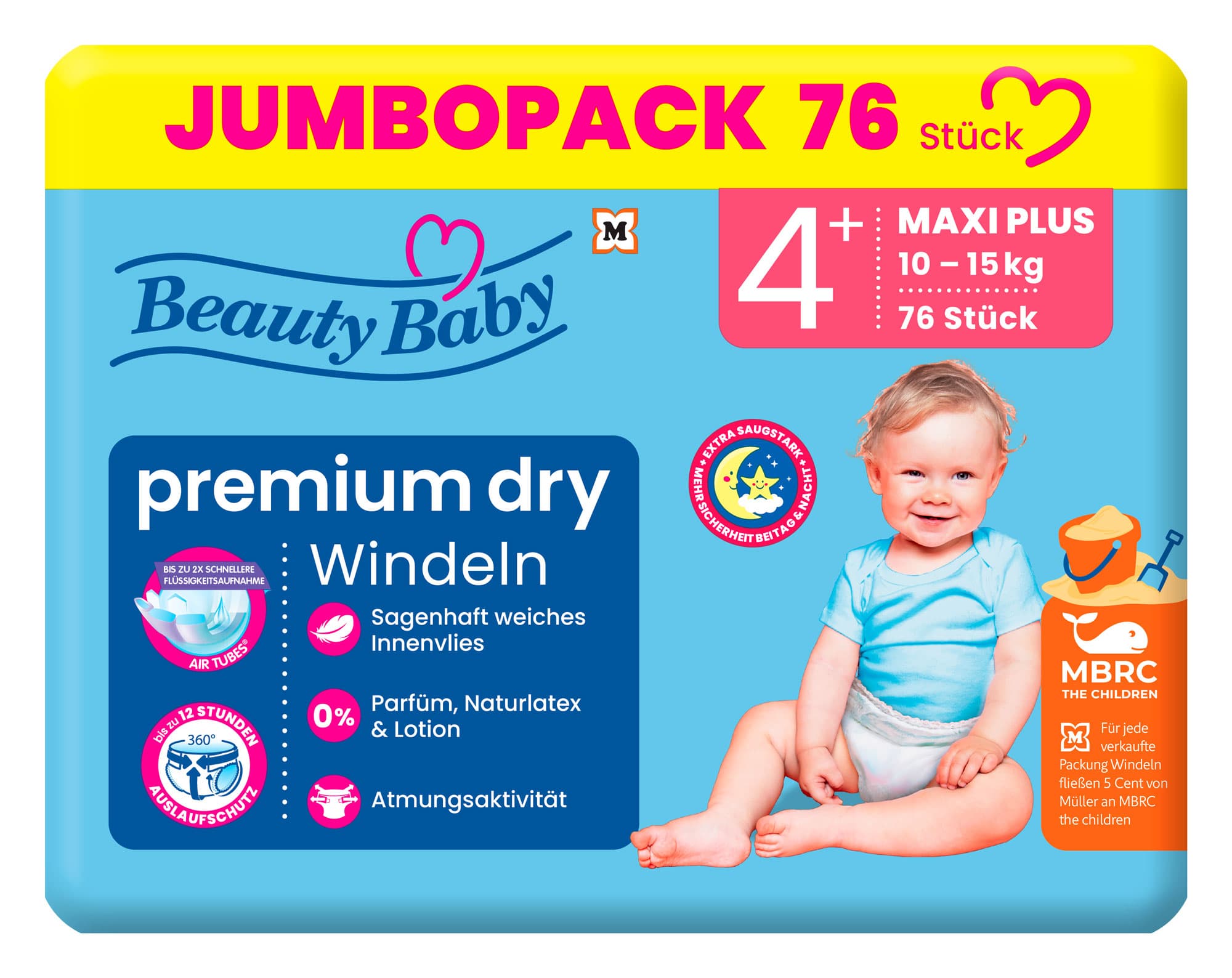 Beauty Baby Premium Dry Windeln, Größe 4+ Maxi+ JUMBO, 9-14 kg
