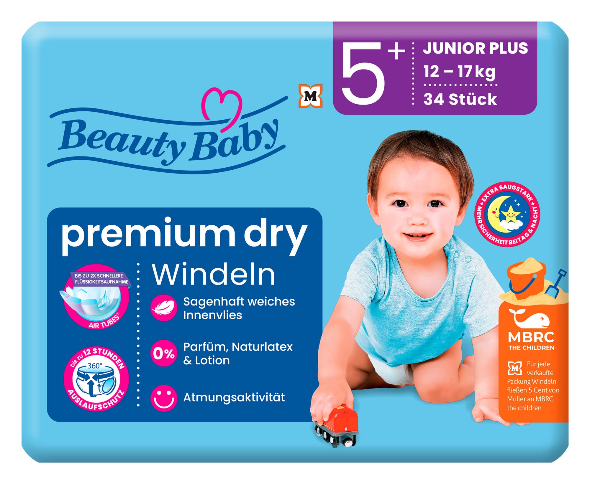 Beauty Baby Premium Dry Windeln, Größe 5+ Junior+, 12-17 kg