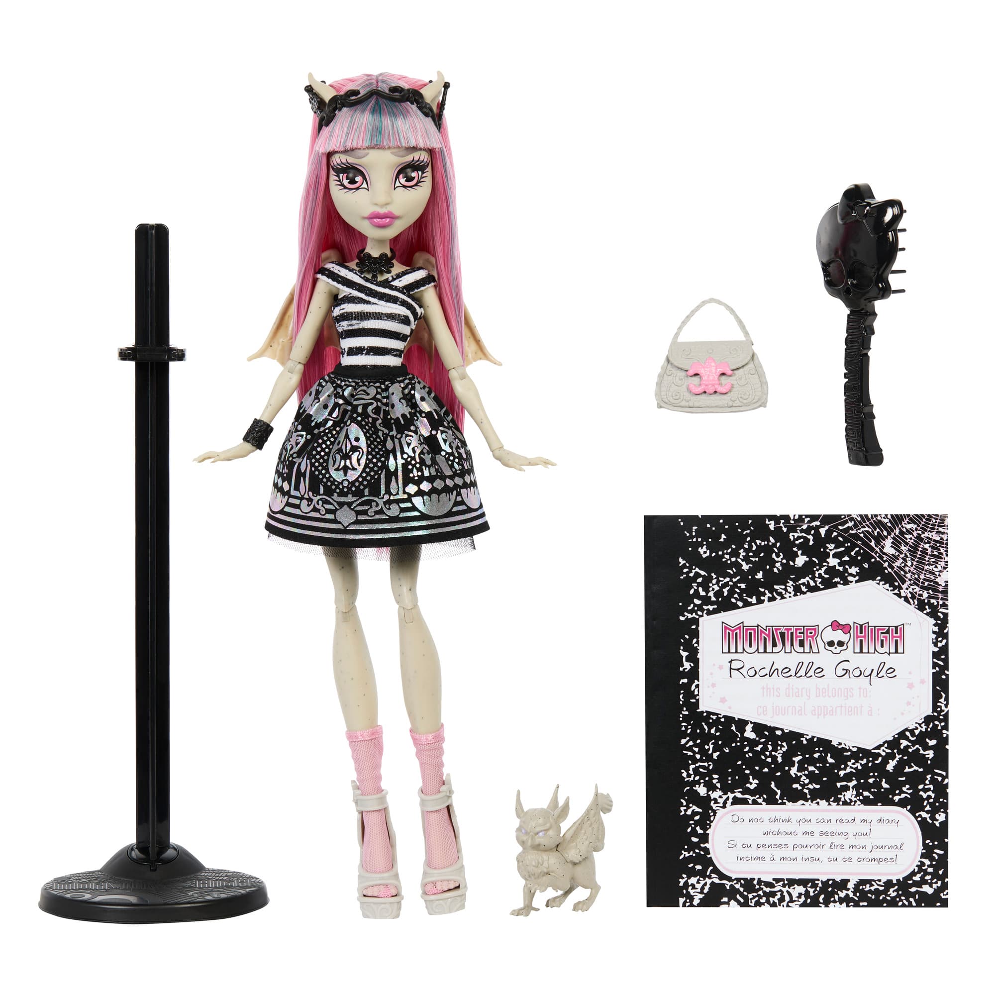 Gruselige Monster-High-Reproduktion der ursprünglichen Rochelle Goyle-Puppe, mit Tagebuch, Puppenständer und Haustier