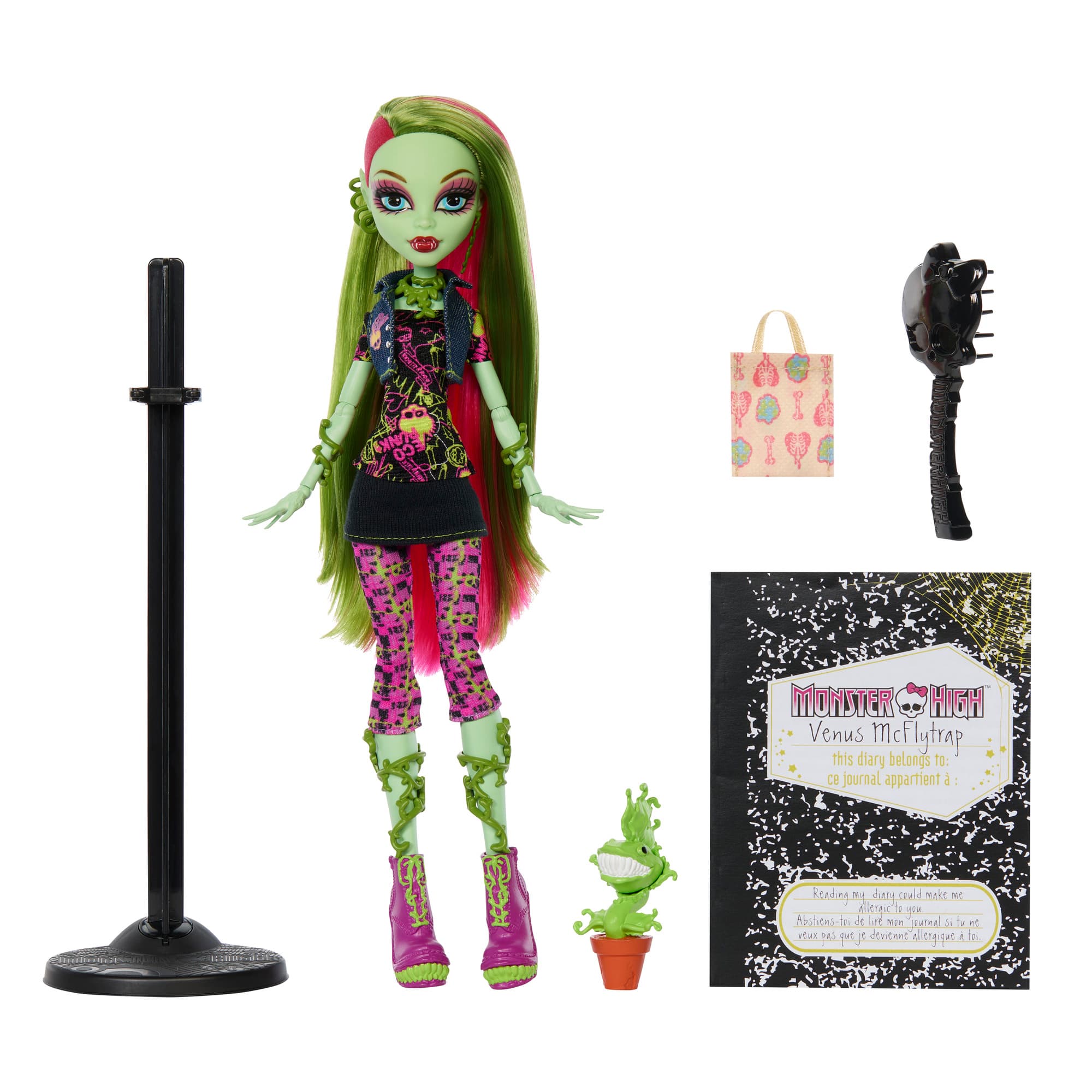 Gruselige Monster-High-Reproduktion der ursprünglichen Venus McFlytrap-Puppe, mit Tagebuch, Puppenständer und Haustier