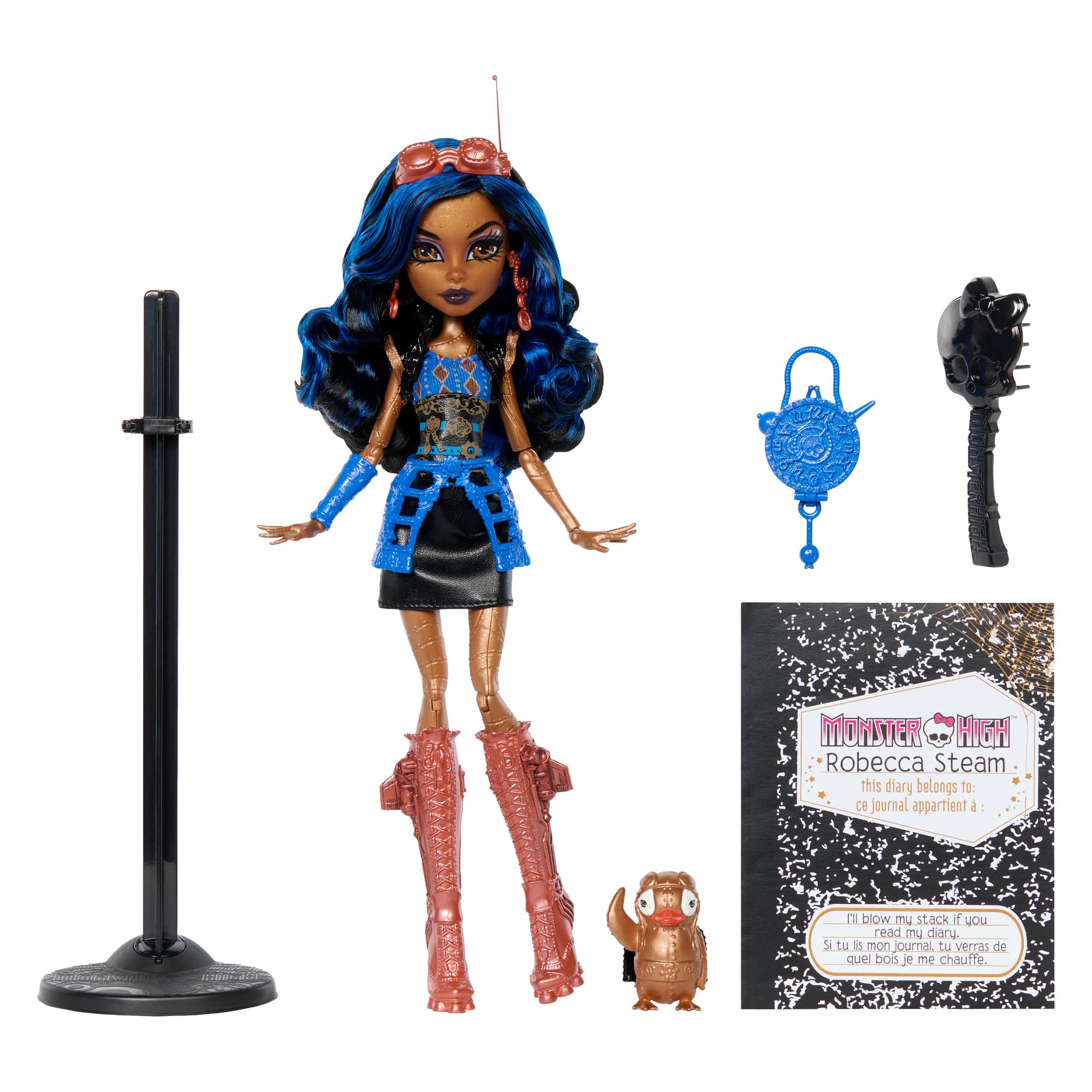 Gruselige Monster-High-Reproduktion der ursprünglichen Robecca Steam-Puppe, mit Tagebuch, Puppenständer und Haustier