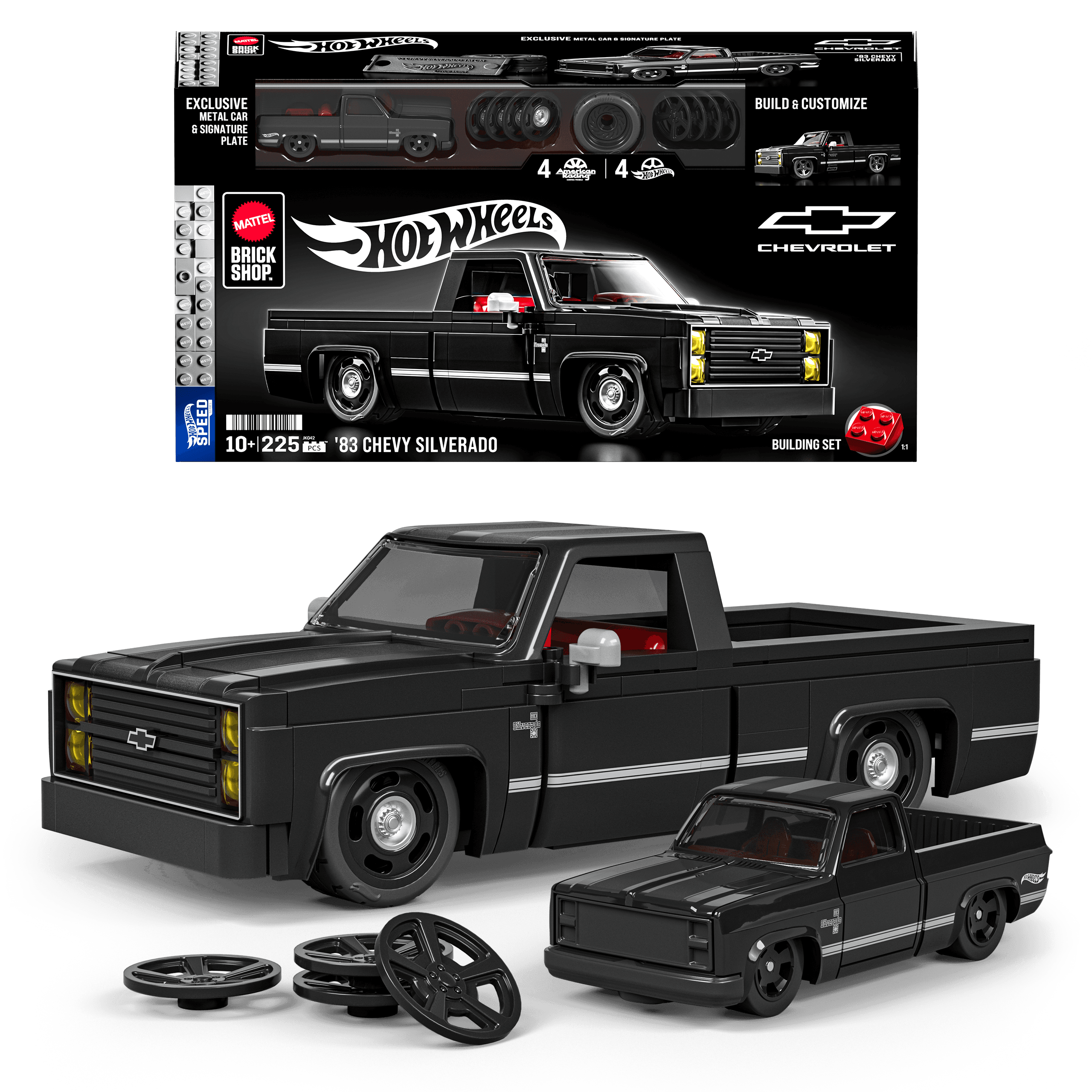 Mattel Brick Shop Hot Wheels '83 Chevy Silverado Bauset mit Metallfahrzeug, 225 Teile, 1:32