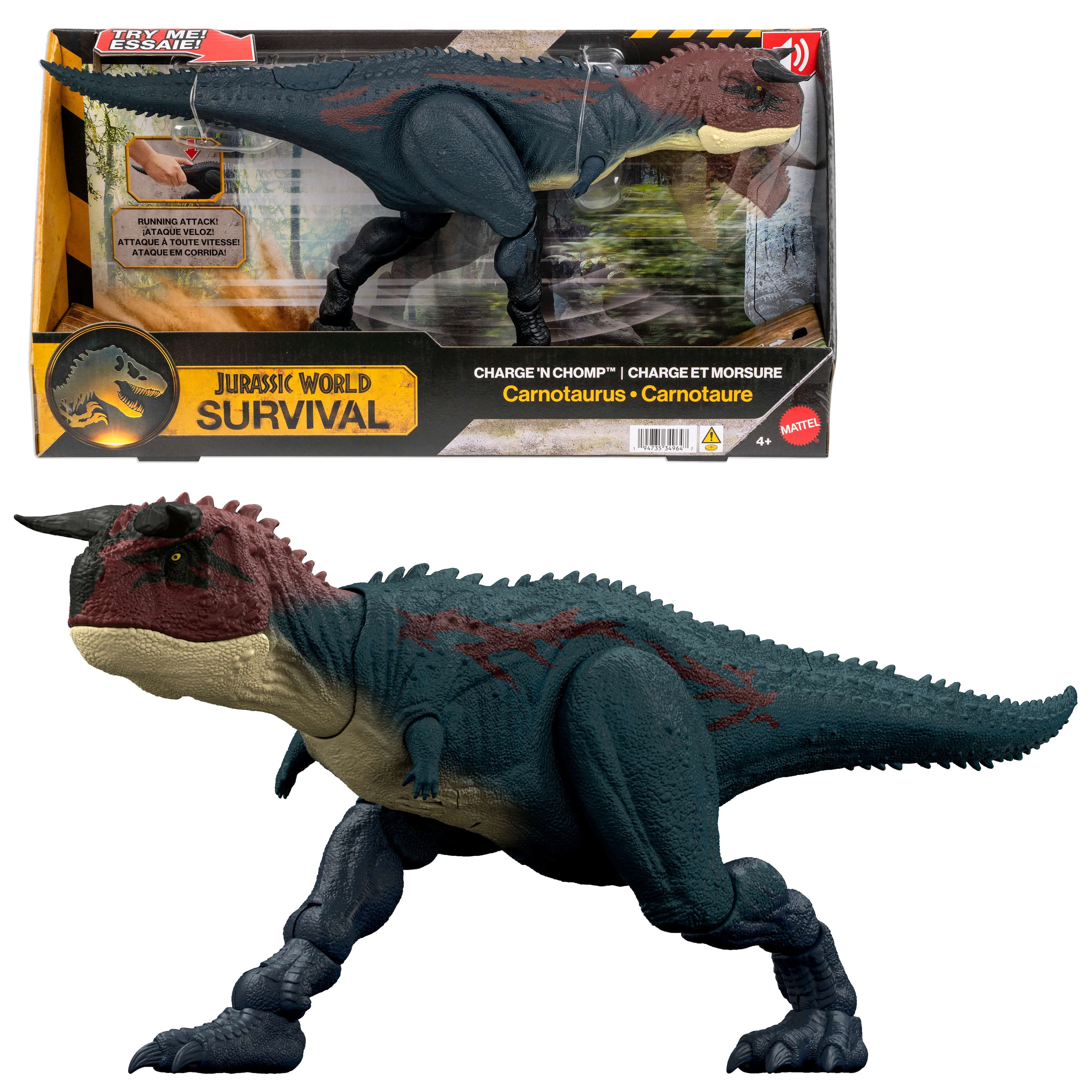 Jurassic World Charge N Chomp Carnotaurus Dinosaurier-Actionfigur mit Lauf- und Brüllaction, digitaler Spielspaß