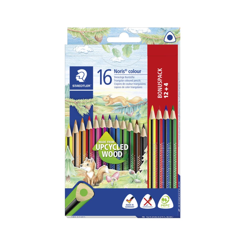 STAEDTLER Noris colour Buntstifte 12+4, dreieckig, Kartonetui mit 12 Farben + 4 Grundfarben doppelt