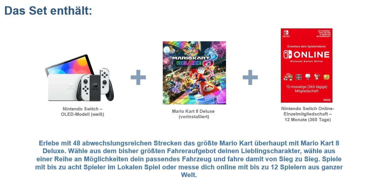Produktbild Nintendo Switch™ – OLED-Modell (weiß) + Mario Kart 8 Deluxe + Nintendo Switch Online – 12-monatige Einzelmitgliedschaft 2 von 5