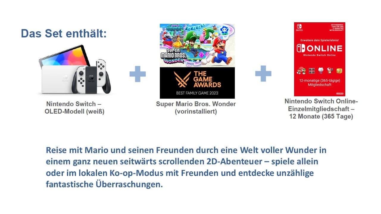 Produktbild Nintendo Switch – OLED-Modell (weiß) + Super Mario Bros. Wonder + Nintendo Switch Online 12-monatige Einzelmitgliedschaft 2 von 6