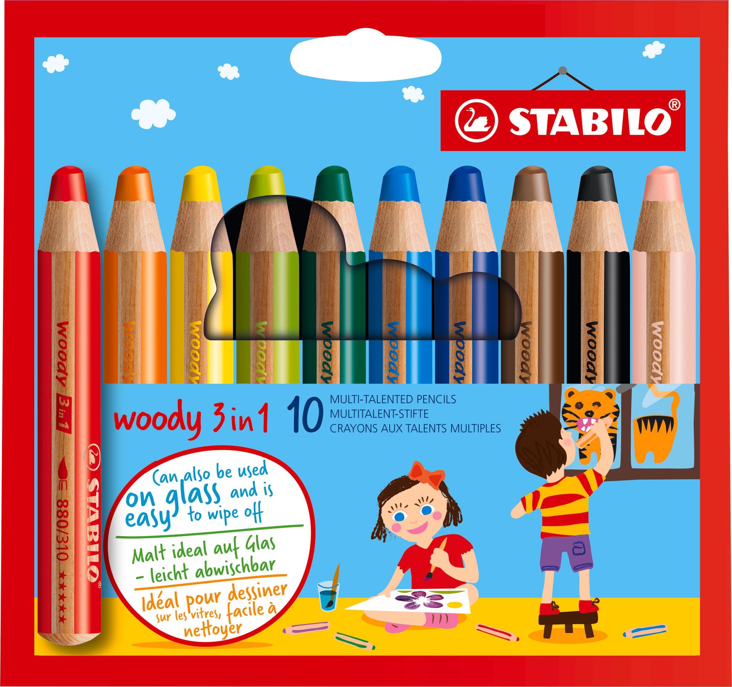 STABILO® Buntstift, Wasserfarbe & Wachsmalkreide - STABILO woody 3 in 1 - 10er Pack - mit 10 verschiedenen Farben