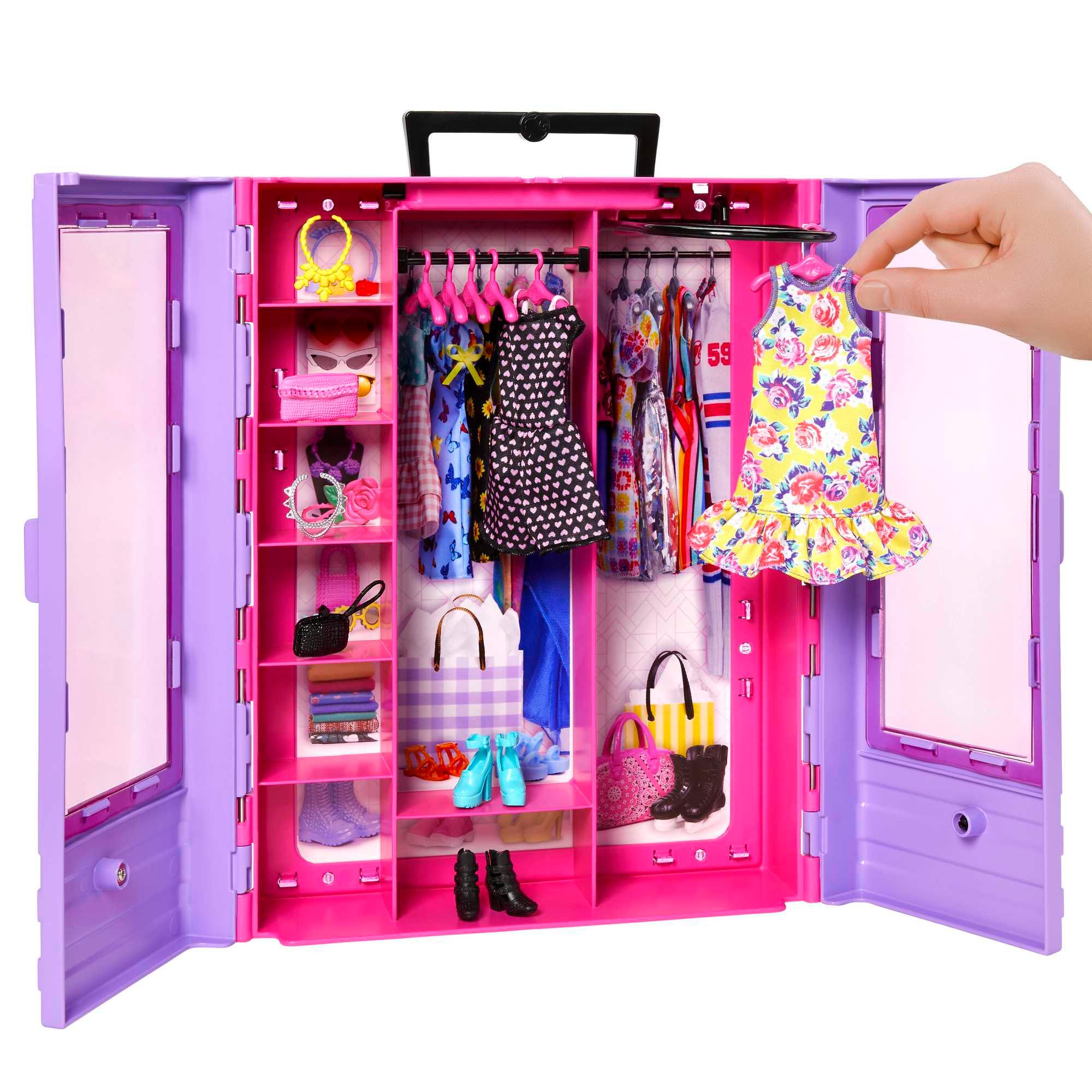 Produktbild Barbie Kleiderschrank mit Tragegriff (lila/rosa) ausklappbar mit Zubehör 4 von 5