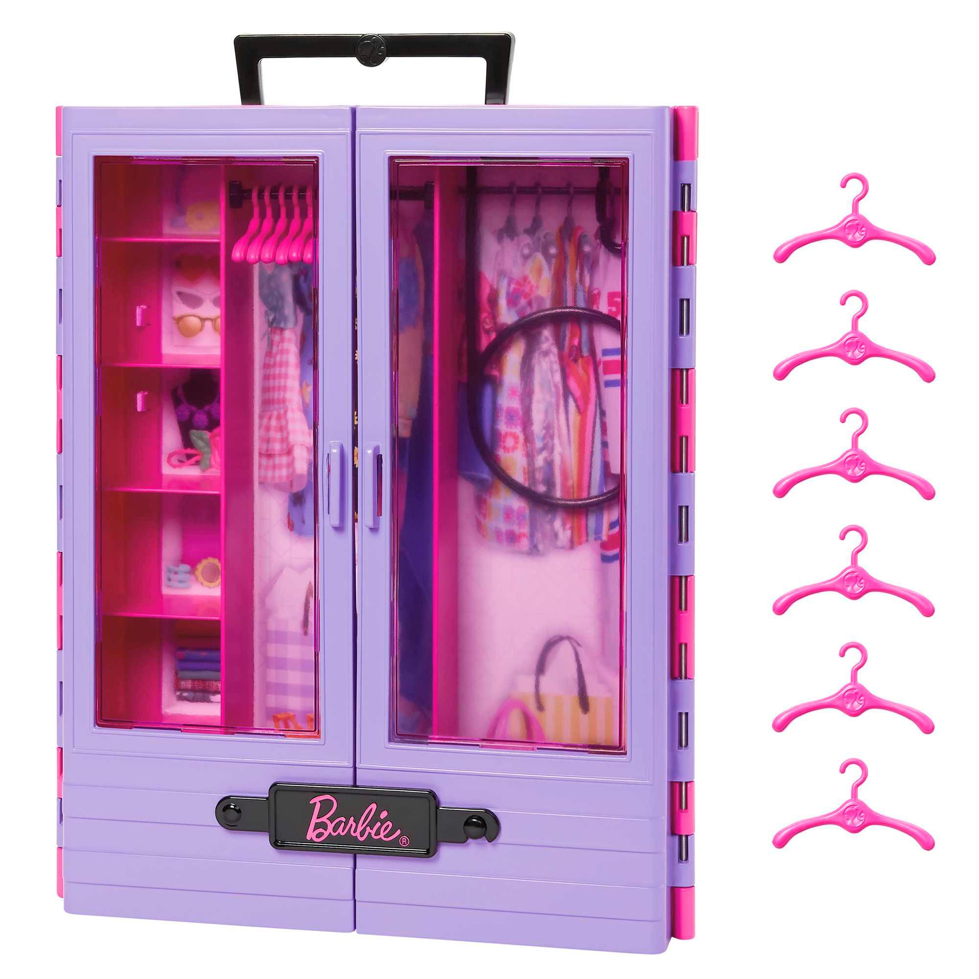 Barbie Kleiderschrank mit Tragegriff (lila/rosa) ausklappbar mit Zubehör