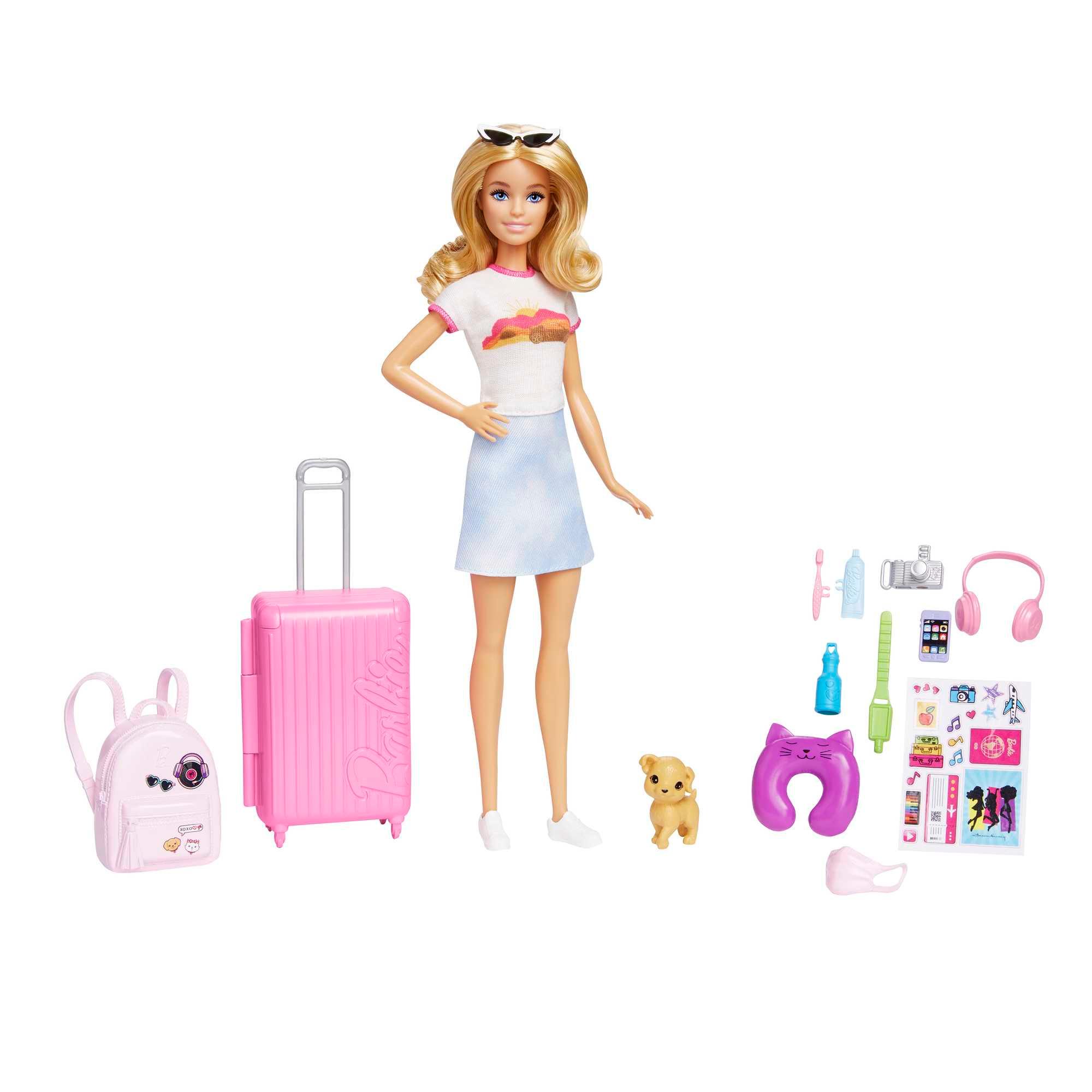 Barbie Reise-Puppe (blond), Anziehpuppe mit Hund&Urlaubs-Zubehör
