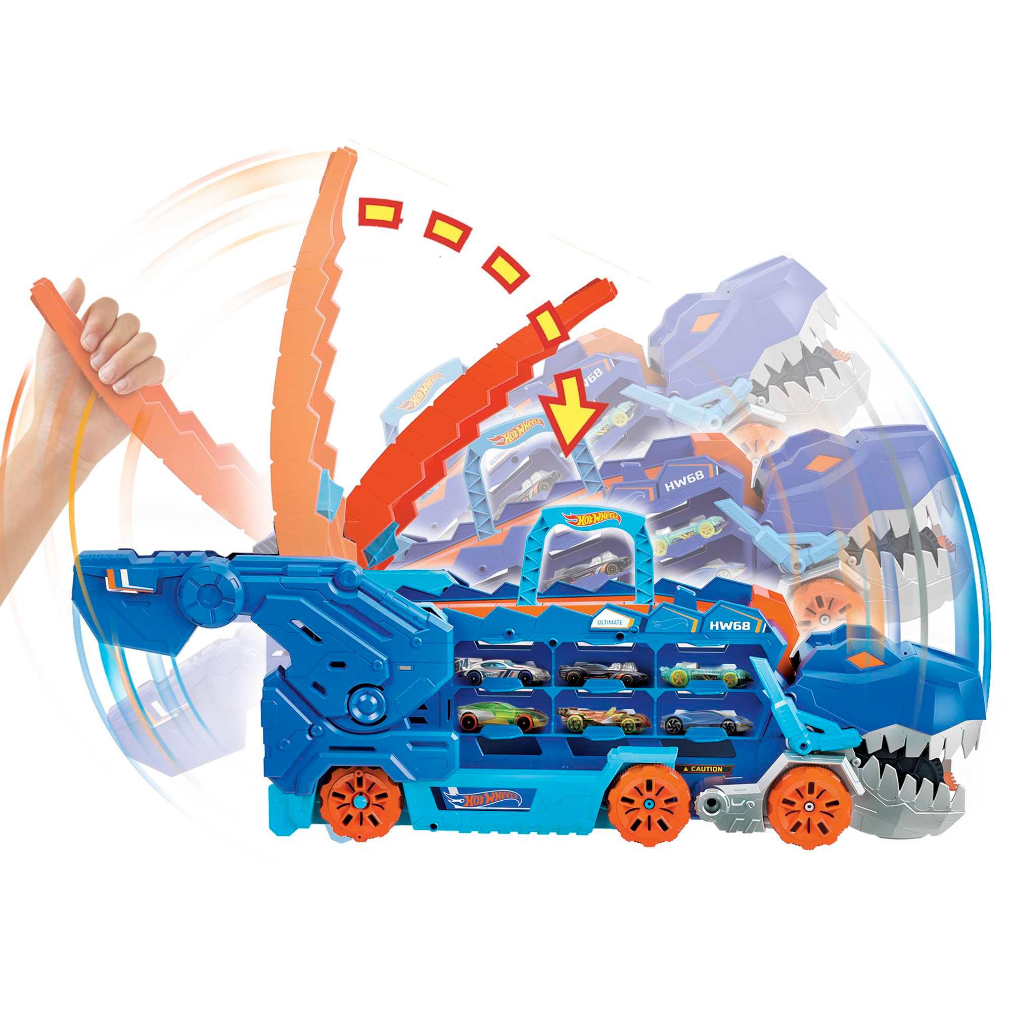 Produktbild Der Hot Wheels City Ultimative Transporter verwandelt sich in einen T-Rex mit Rennstrecke, Aufbewahrung von mehr als 20 Autos 4 von 6