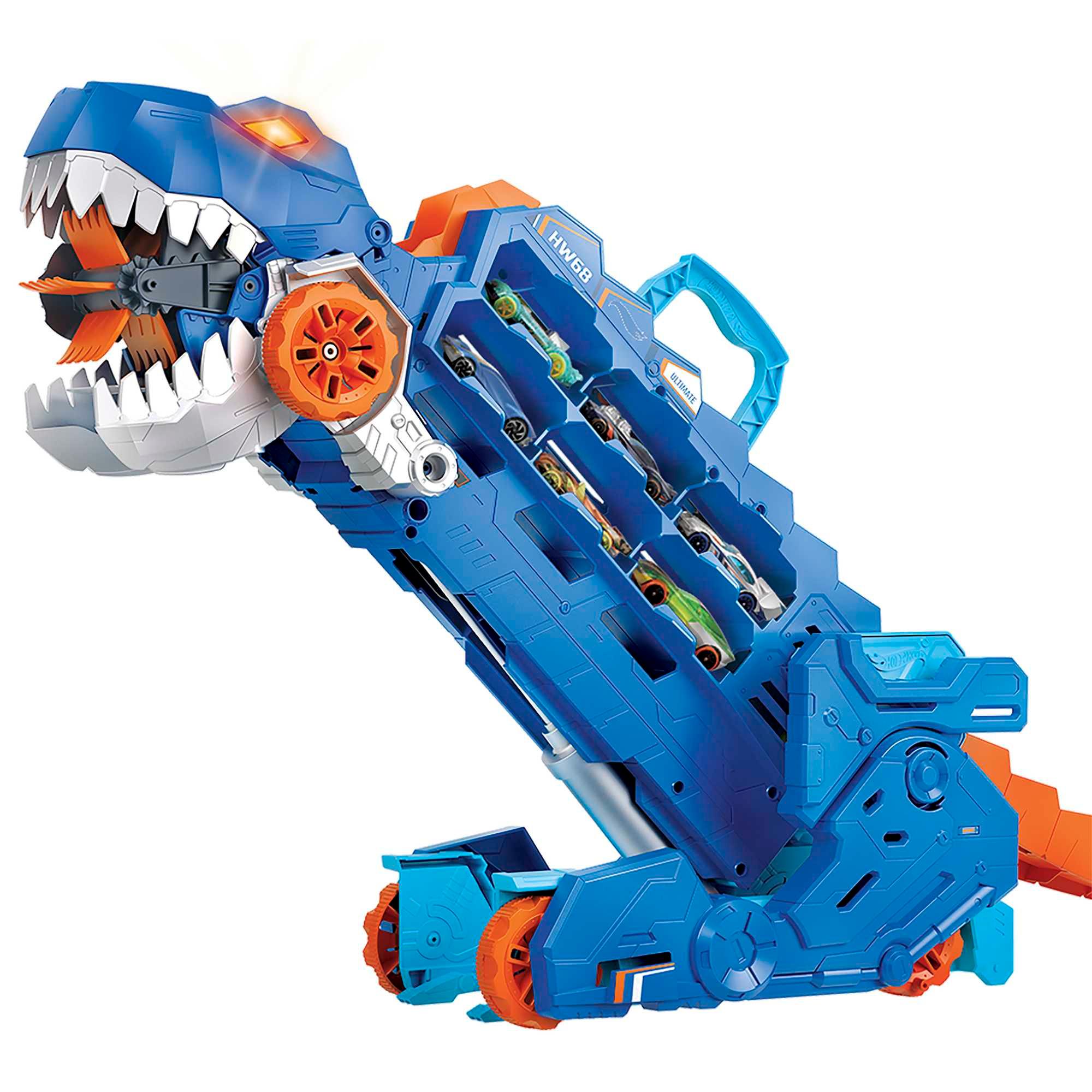 Produktbild Der Hot Wheels City Ultimative Transporter verwandelt sich in einen T-Rex mit Rennstrecke, Aufbewahrung von mehr als 20 Autos 5 von 6