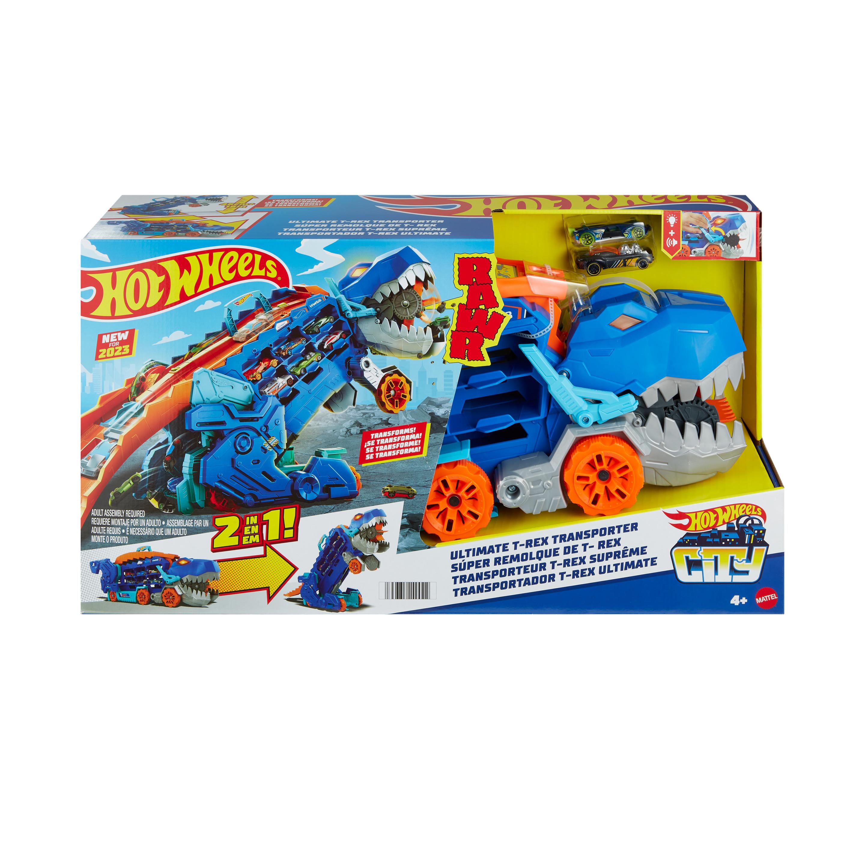 Produktbild Der Hot Wheels City Ultimative Transporter verwandelt sich in einen T-Rex mit Rennstrecke, Aufbewahrung von mehr als 20 Autos 6 von 6