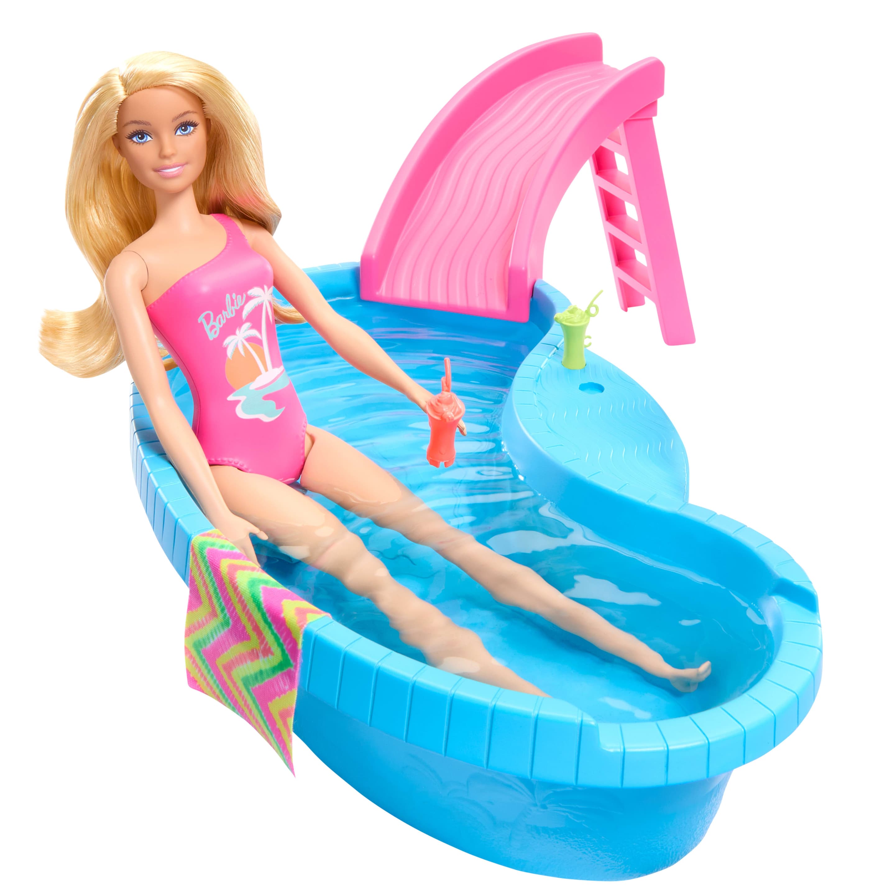 Produktbild Barbie-Puppe und Pool Spielset, blonde Puppe mit Pool, Rutsche, Handtuch und Getränke-Accessoires 4 von 8