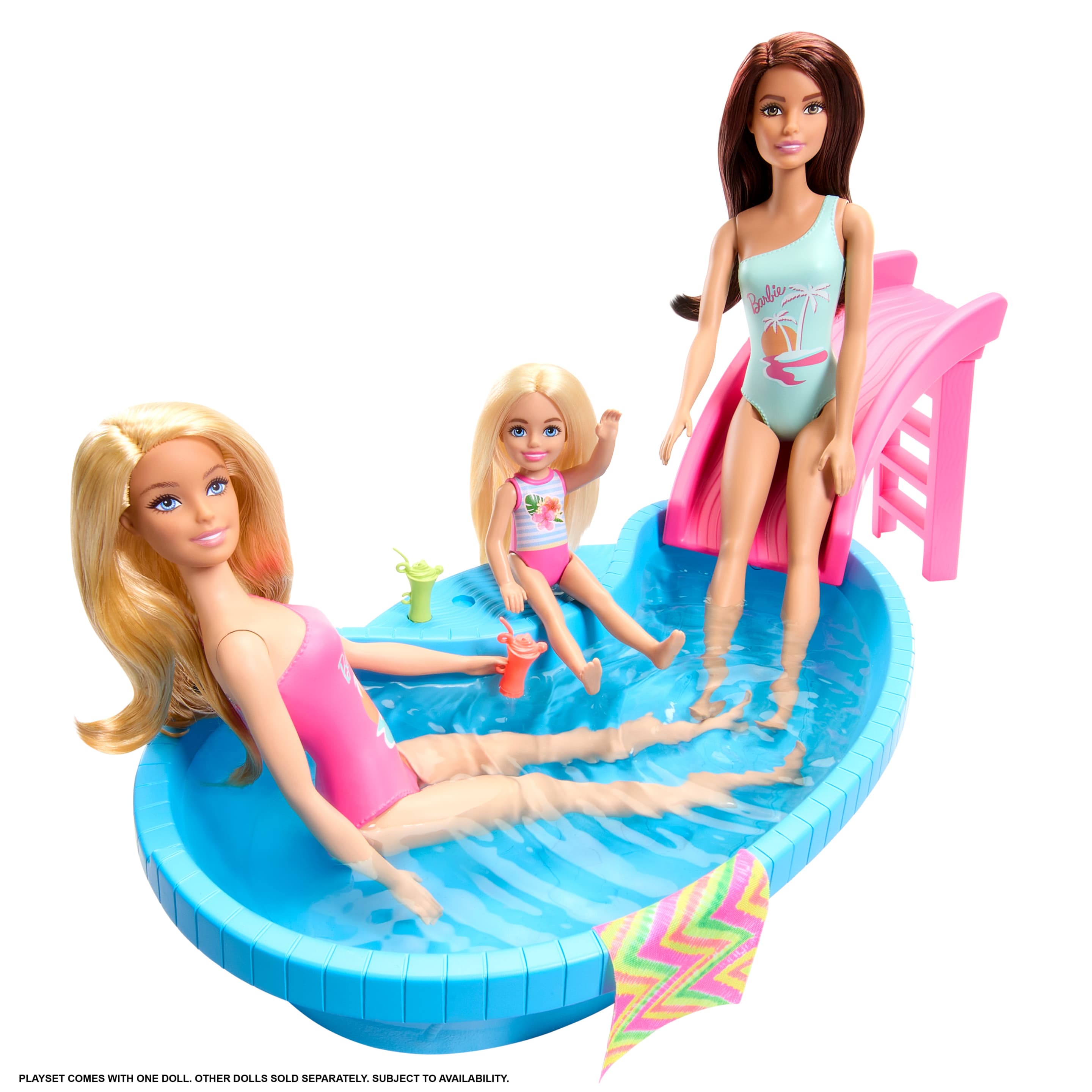 Produktbild Barbie-Puppe und Pool Spielset, blonde Puppe mit Pool, Rutsche, Handtuch und Getränke-Accessoires 3 von 8