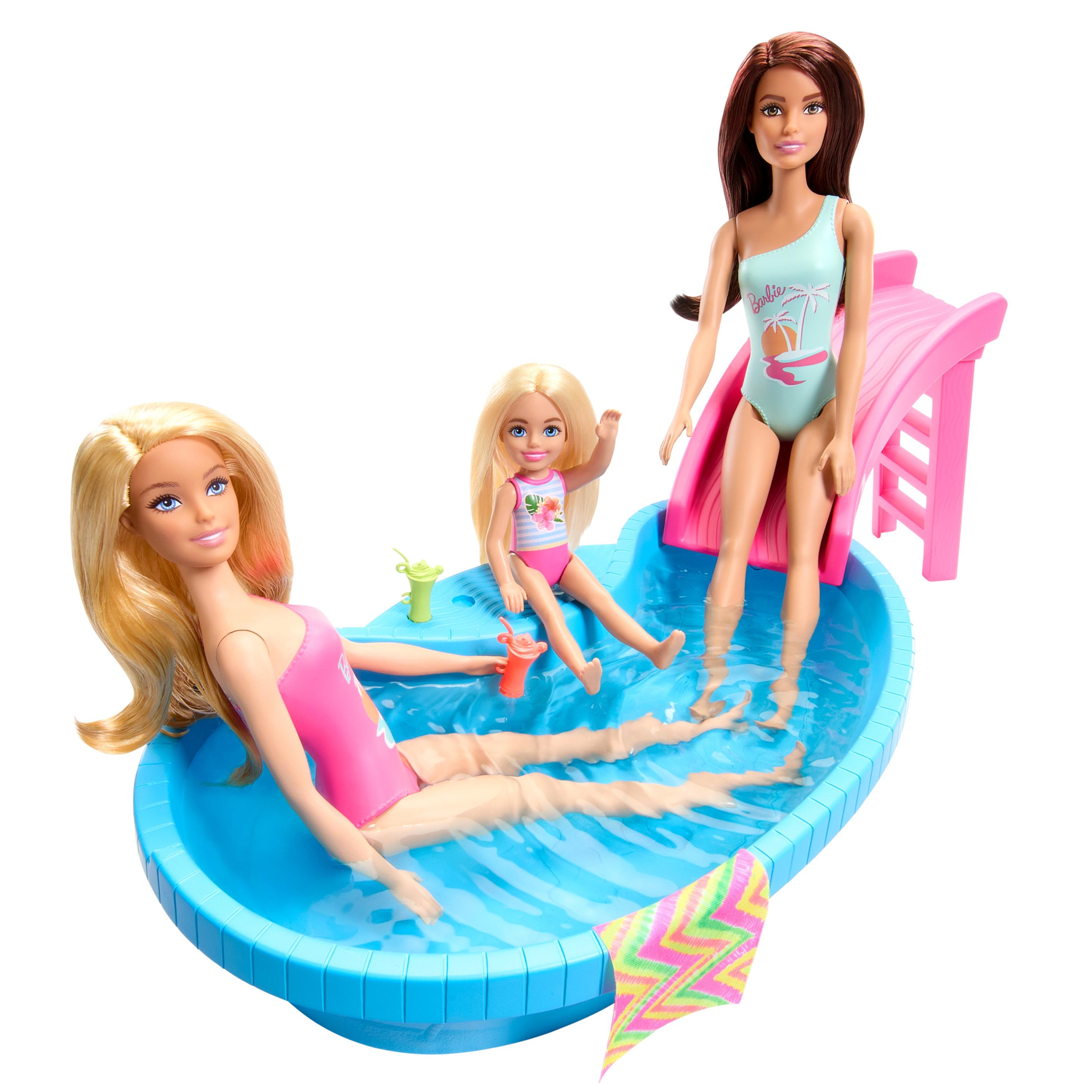Produktbild Barbie-Puppe und Pool Spielset, blonde Puppe mit Pool, Rutsche, Handtuch und Getränke-Accessoires 2 von 5