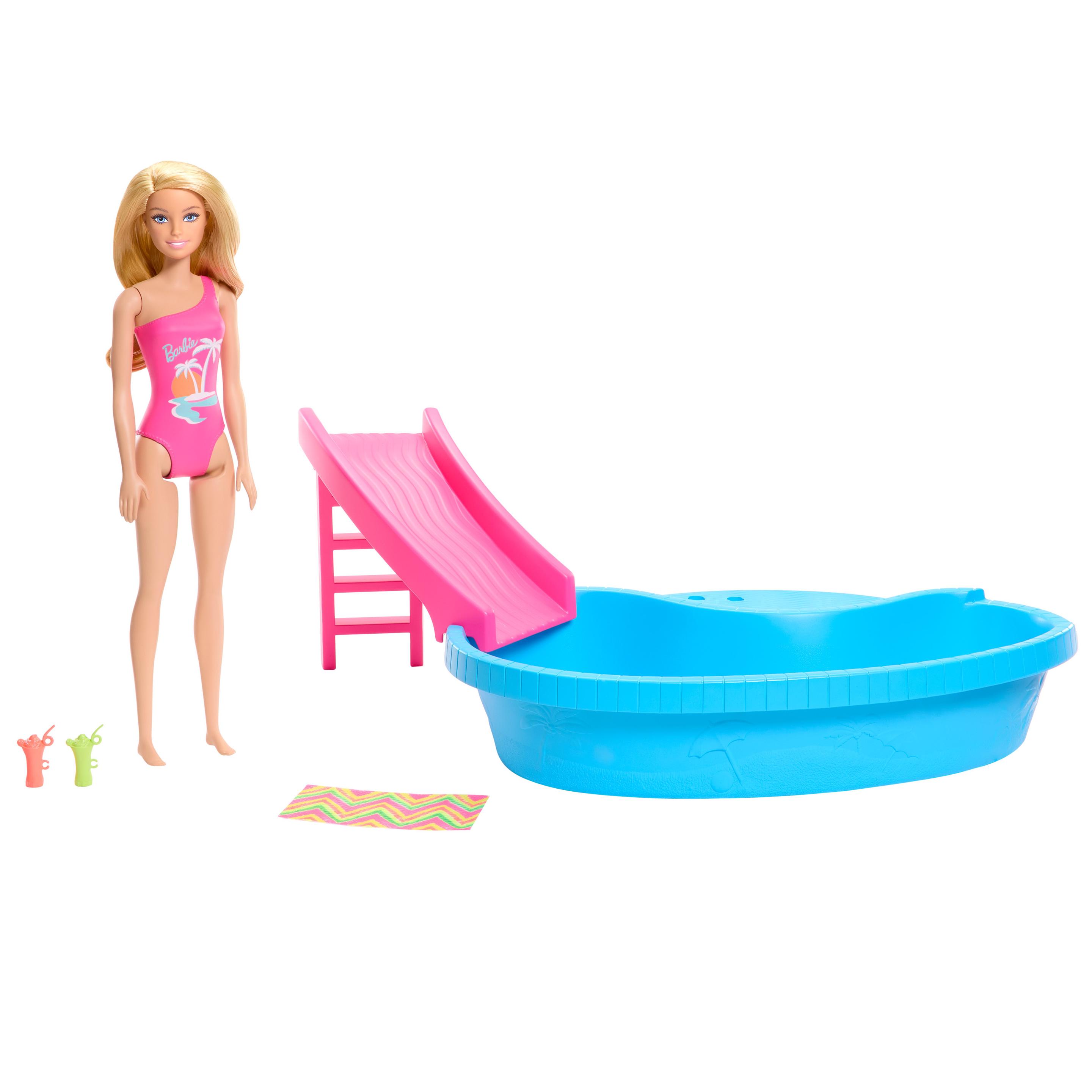 Produktbild Barbie-Puppe und Pool Spielset, blonde Puppe mit Pool, Rutsche, Handtuch und Getränke-Accessoires 3 von 5
