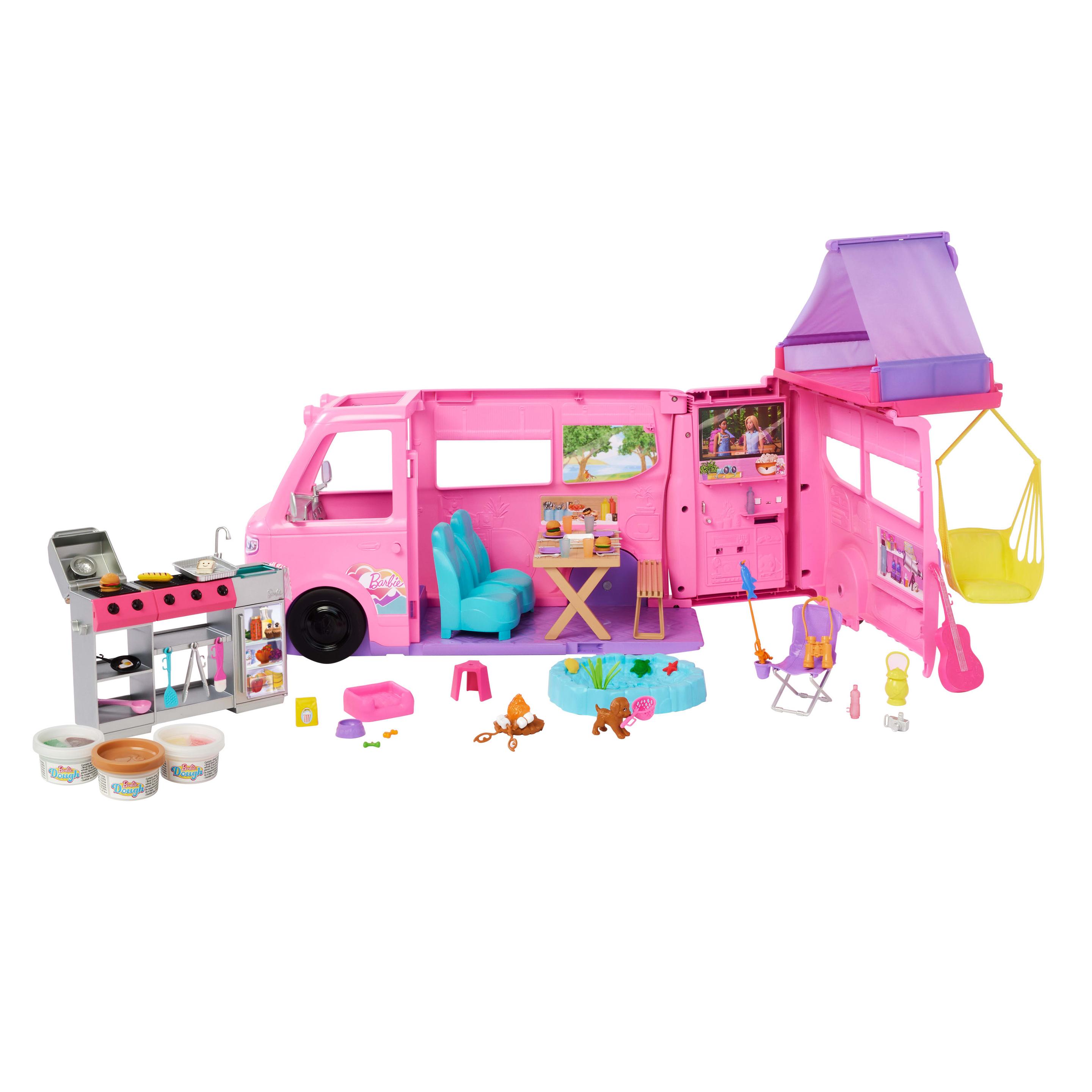 Barbie Super Abenteuer-Camper Spielset mit Dachzelt, Grill mit Farbwechseleffekt und über 60 Zubehörteilen