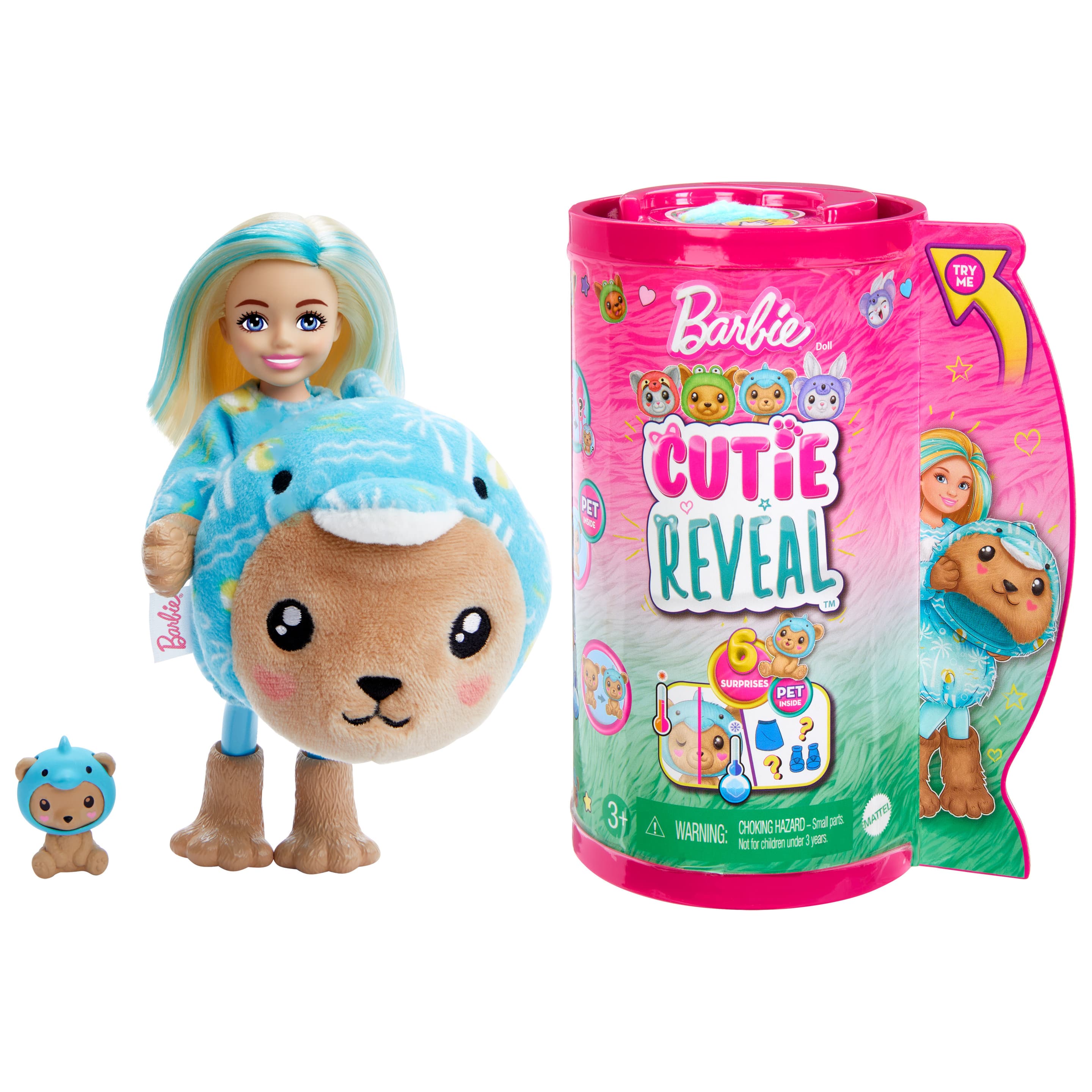 Barbie Cutie Reveal Kostüm-Reihe kleine Chelsea-Puppe und Zubehörteile, Teddybär als Delfin