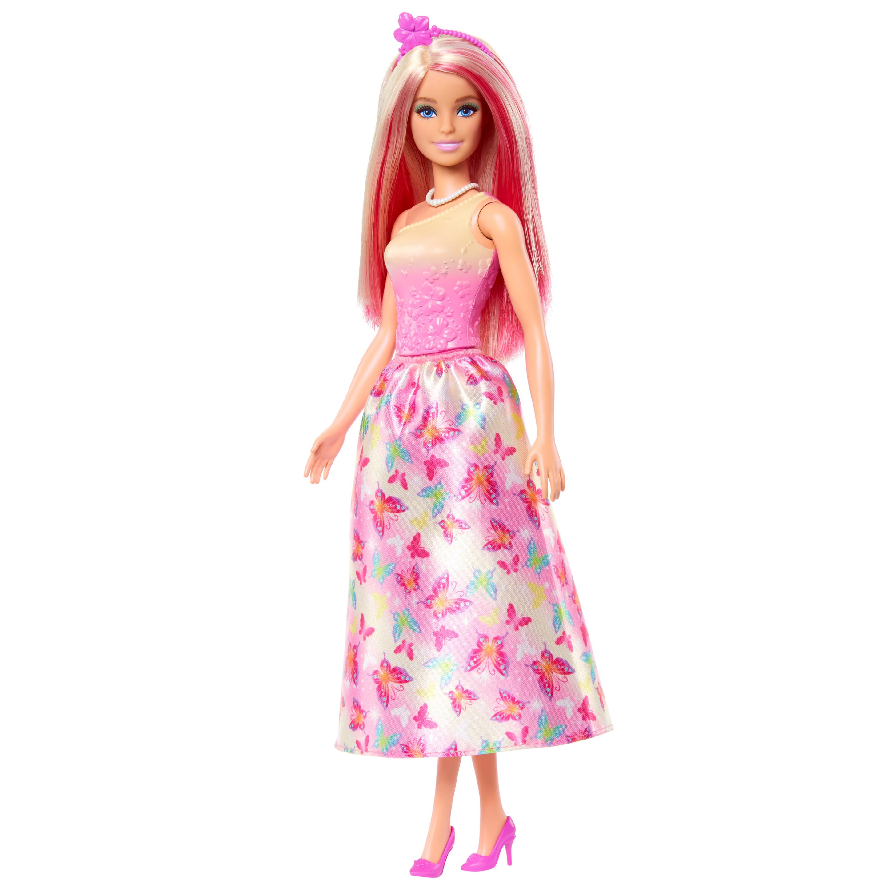 Produktbild Barbie Royal-Puppe mit Haaren in Pink und Blond, Rock mit Schmetterlingsmuster und Zubehör 4 von 6