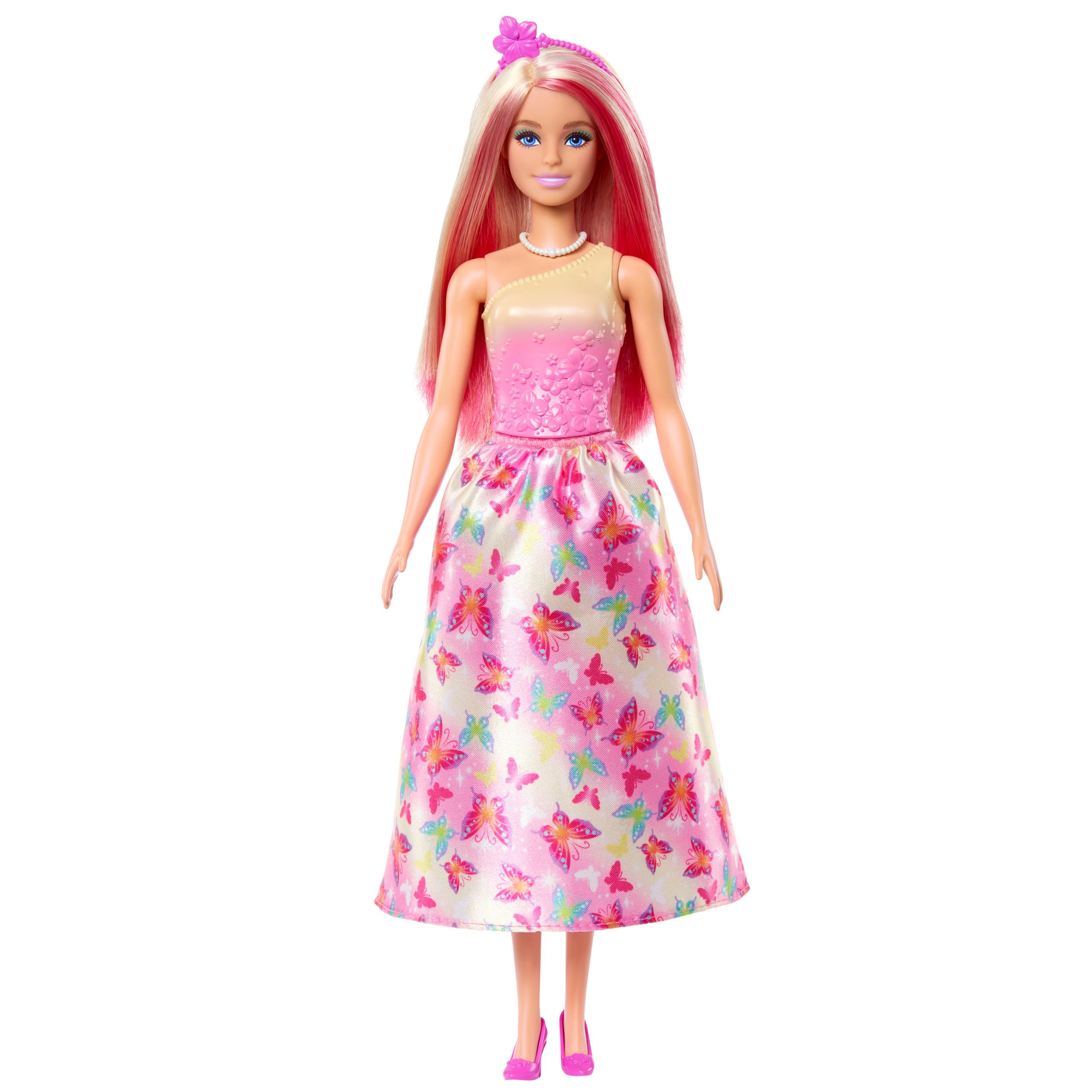 Produktbild Barbie Royal-Puppe mit Haaren in Pink und Blond, Rock mit Schmetterlingsmuster und Zubehör 5 von 6