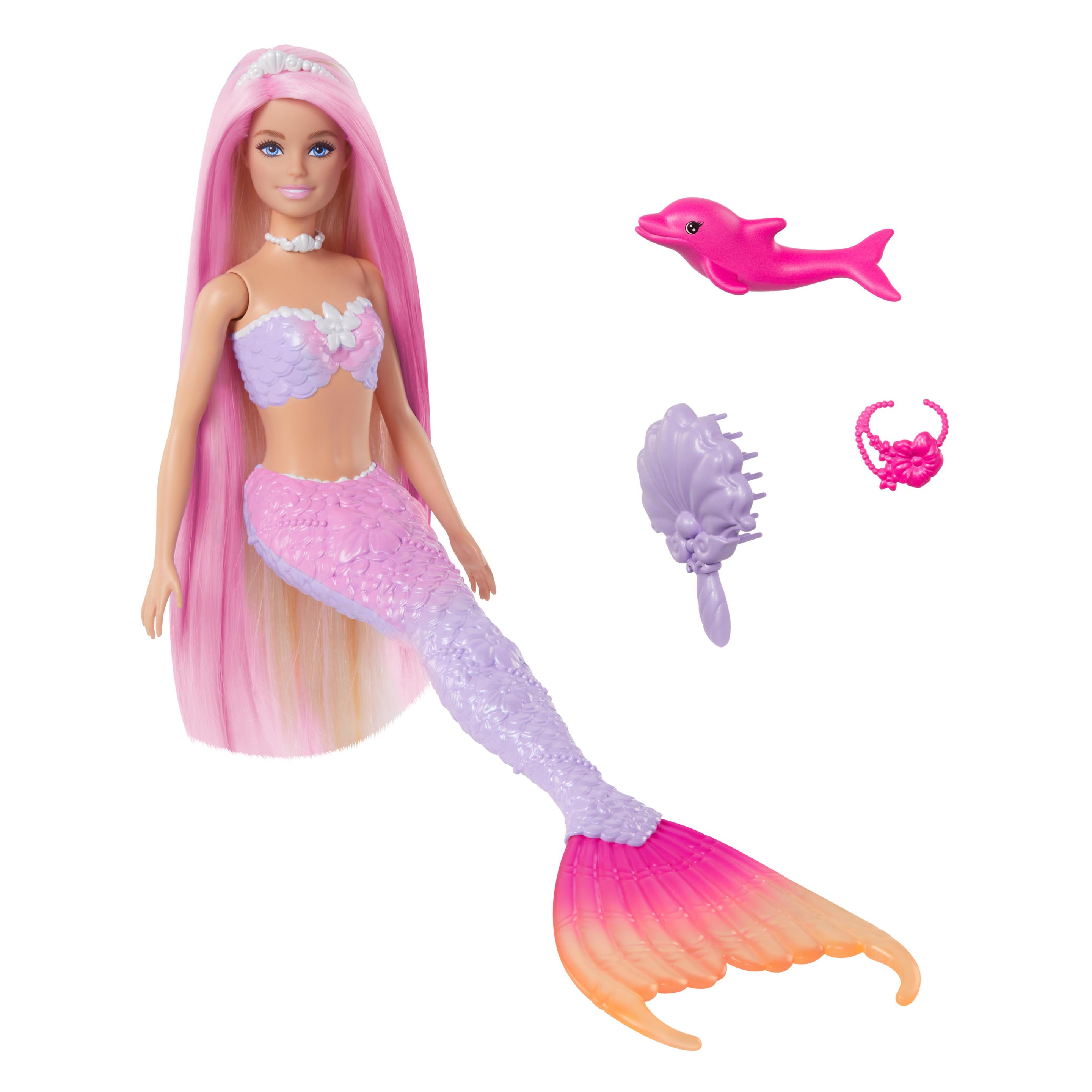Barbie Malibu“ Meerjungfrau-Puppe mit Farbwechseleffekt, Delfin und Accessoires