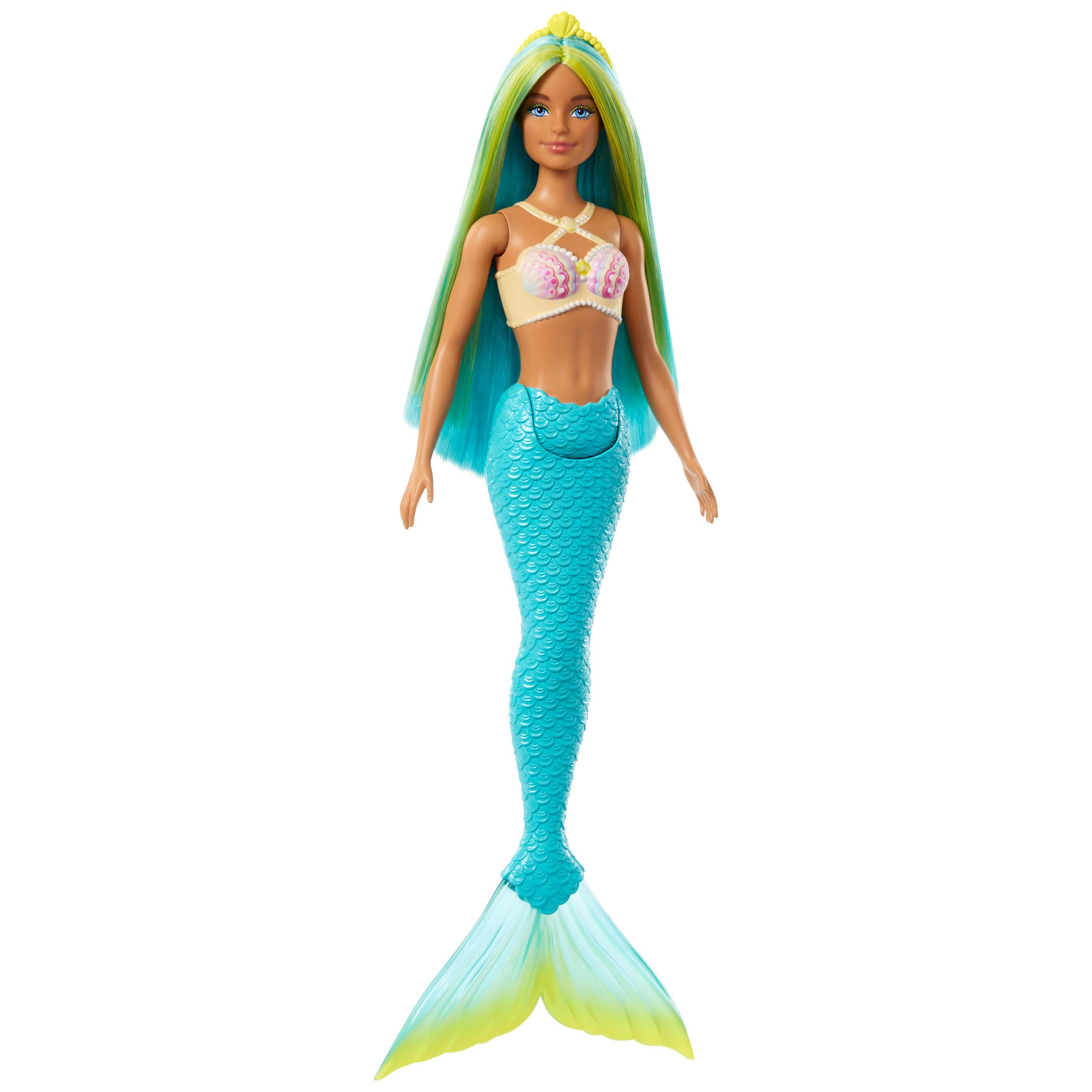 Produktbild Barbie Meerjungfrau-Puppe mit blauen und gelben Strähnchen, türkisfarbener Schwanzflosse und Haarband 2 von 6