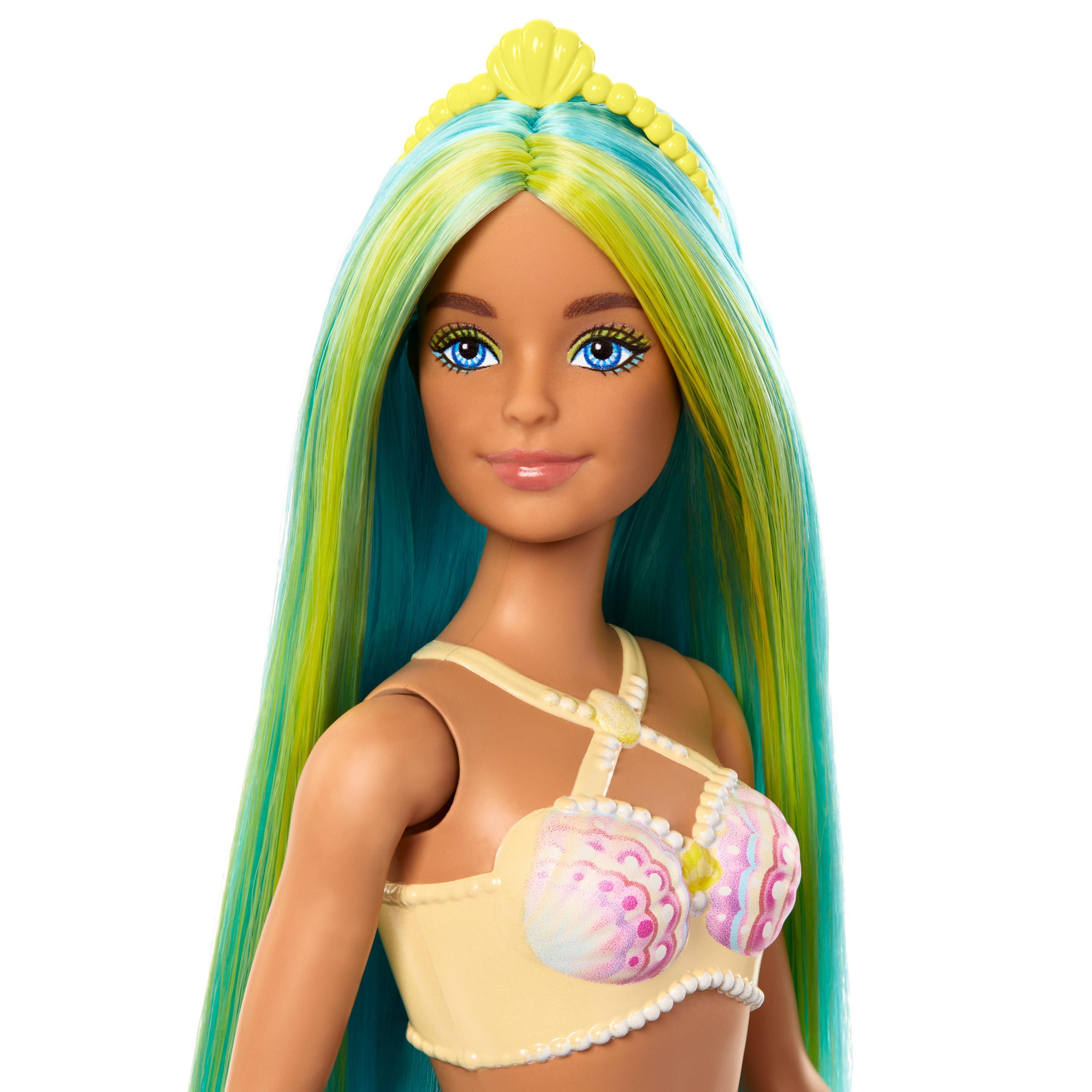 Produktbild Barbie Meerjungfrau-Puppe mit blauen und gelben Strähnchen, türkisfarbener Schwanzflosse und Haarband 3 von 6