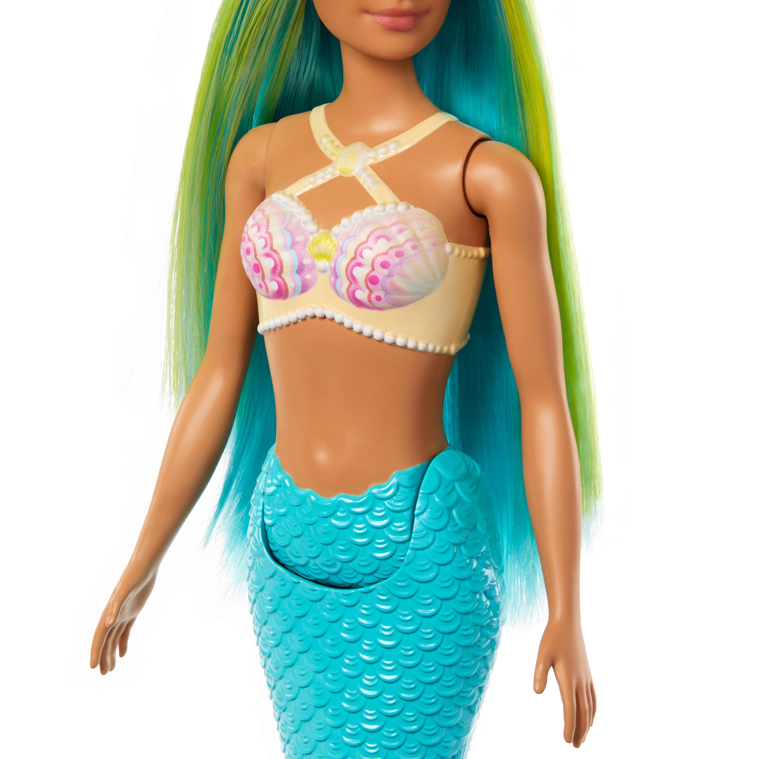 Produktbild Barbie Meerjungfrau-Puppe mit blauen und gelben Strähnchen, türkisfarbener Schwanzflosse und Haarband 4 von 6