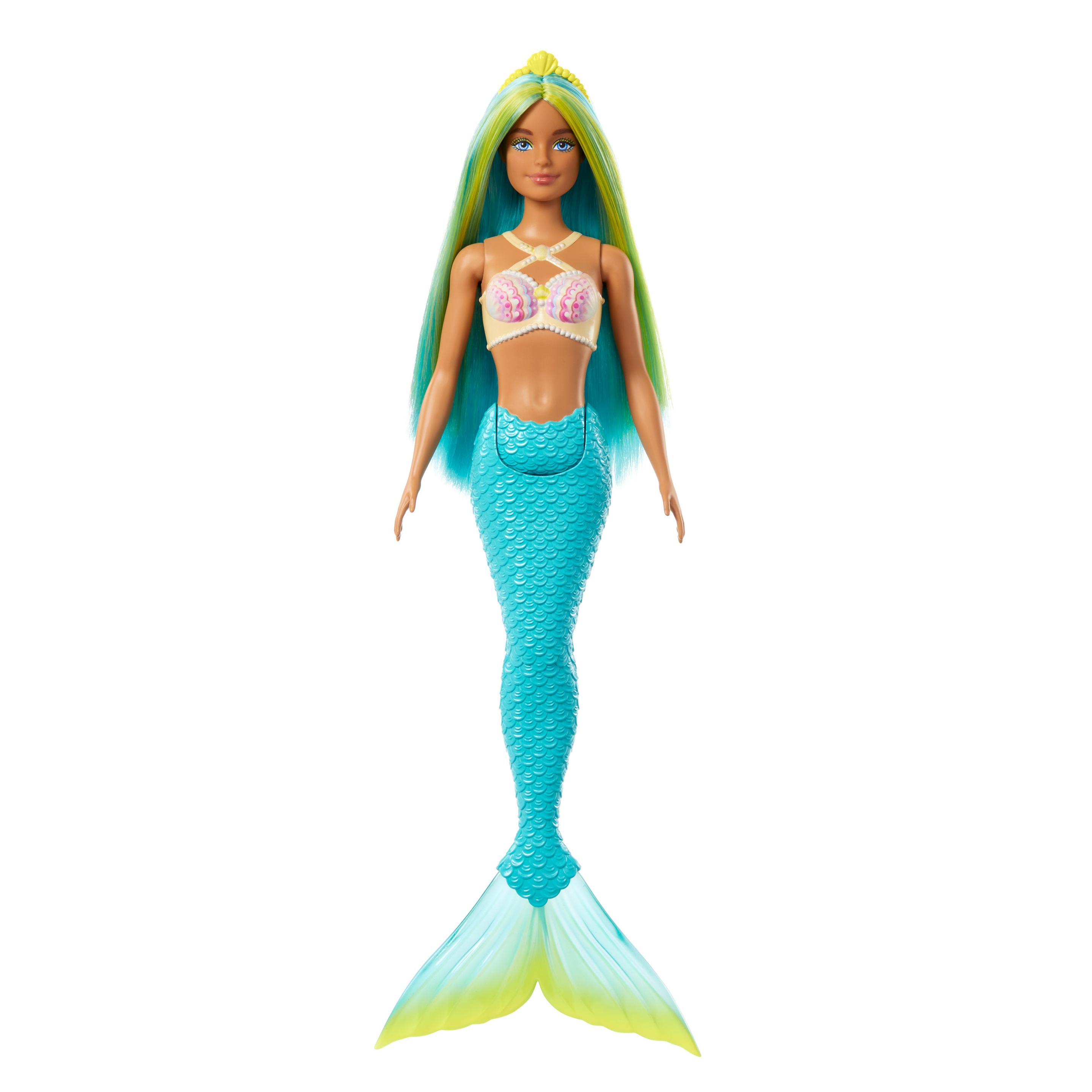 Produktbild Barbie Meerjungfrau-Puppe mit blauen und gelben Strähnchen, türkisfarbener Schwanzflosse und Haarband 5 von 6