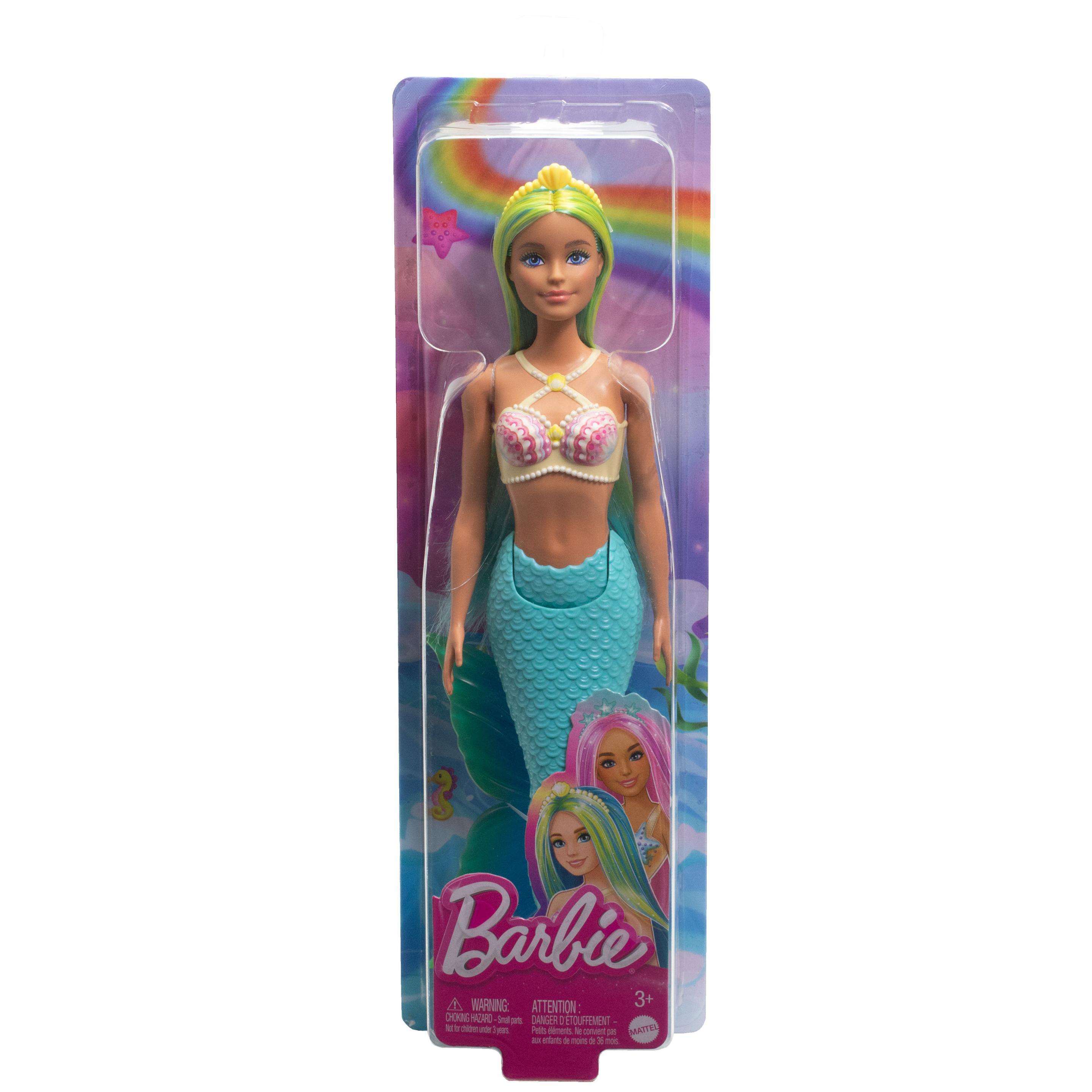 Produktbild Barbie Meerjungfrau-Puppe mit blauen und gelben Strähnchen, türkisfarbener Schwanzflosse und Haarband 6 von 6