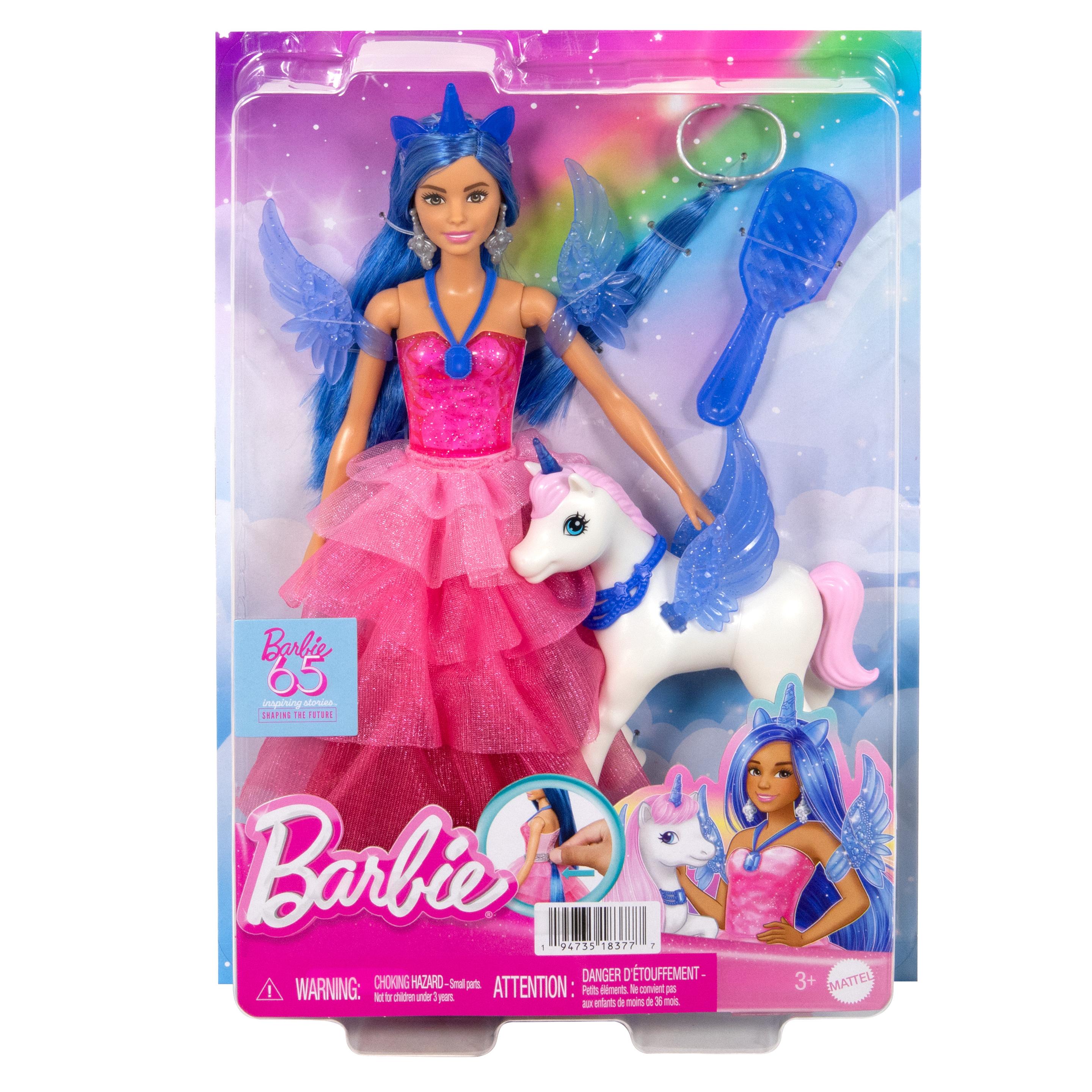 Produktbild Barbie Einhorn-Spielzeug, Puppe zum 65. Jubiläum mit blauen Haaren, pinkfarbenem Kleid und Haustier-Einhorn 6 von 6