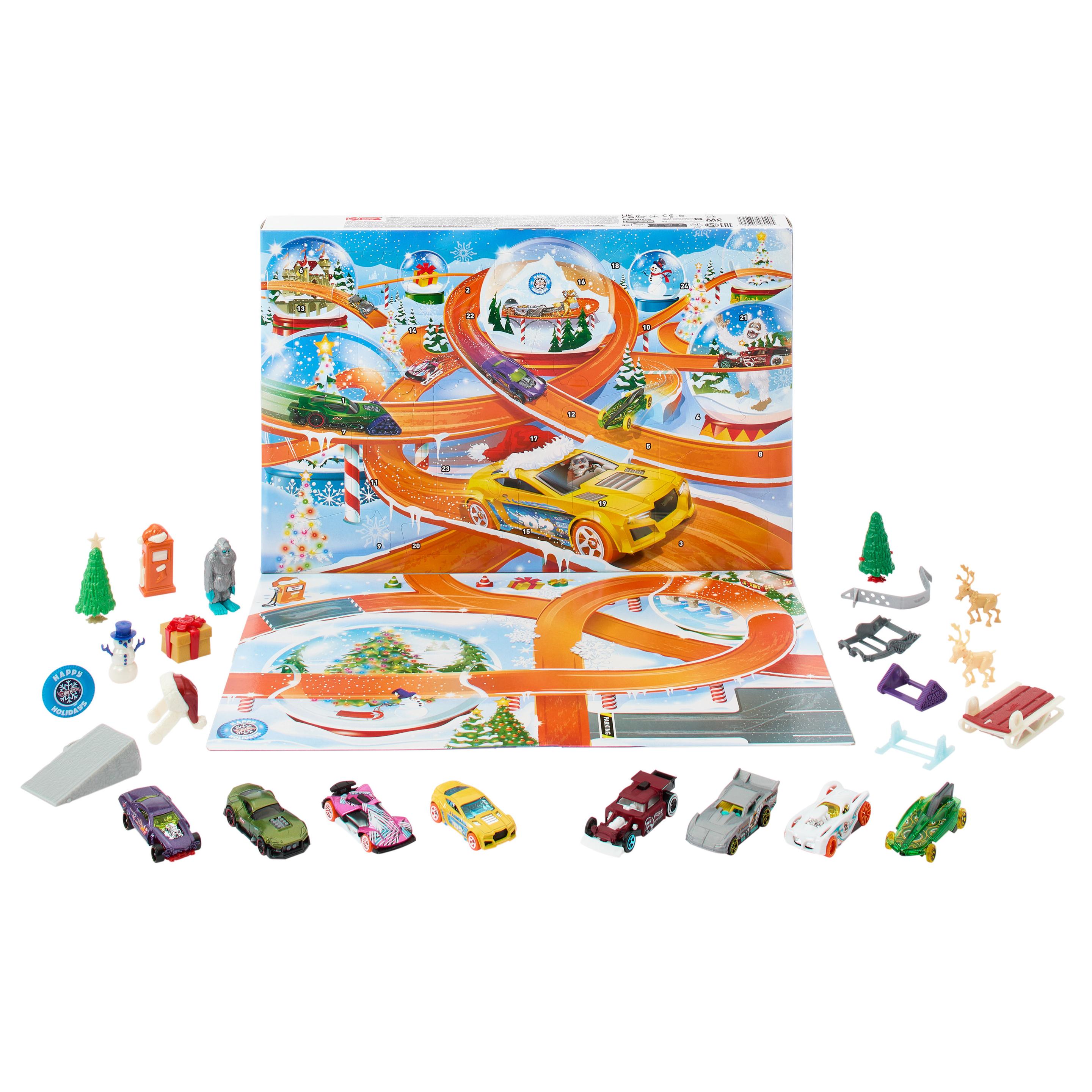 Hot Wheels Adventskalender 2024, 8 Hot Wheels Spielzeugautos und 16 Zubehörteile (24 Komponenten insgesamt)