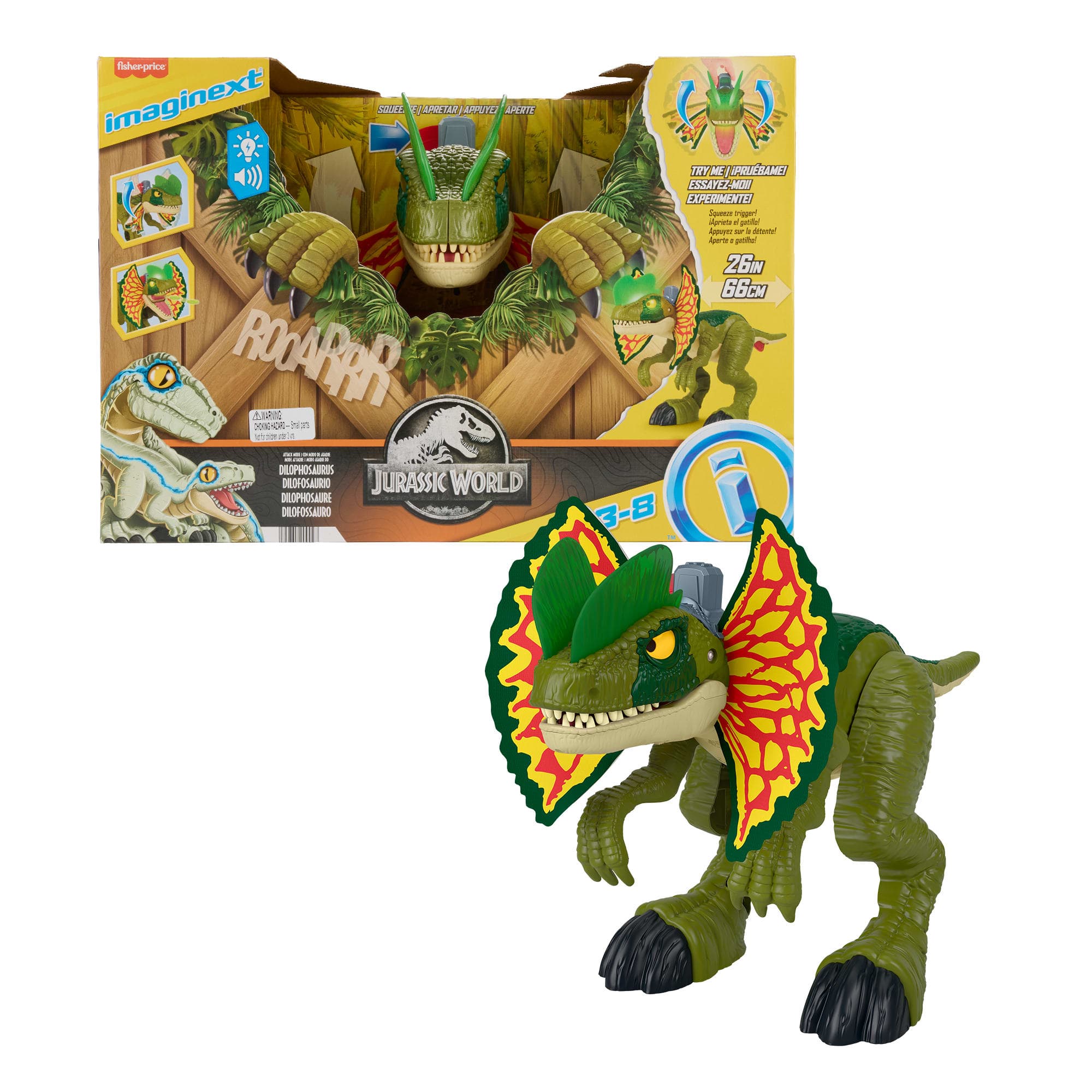 Imaginext Jurassic World Dinosaurier-Spielzeug Schlag-Action Dilophosaurus mit Lichtern und Geräuschen für Kinder