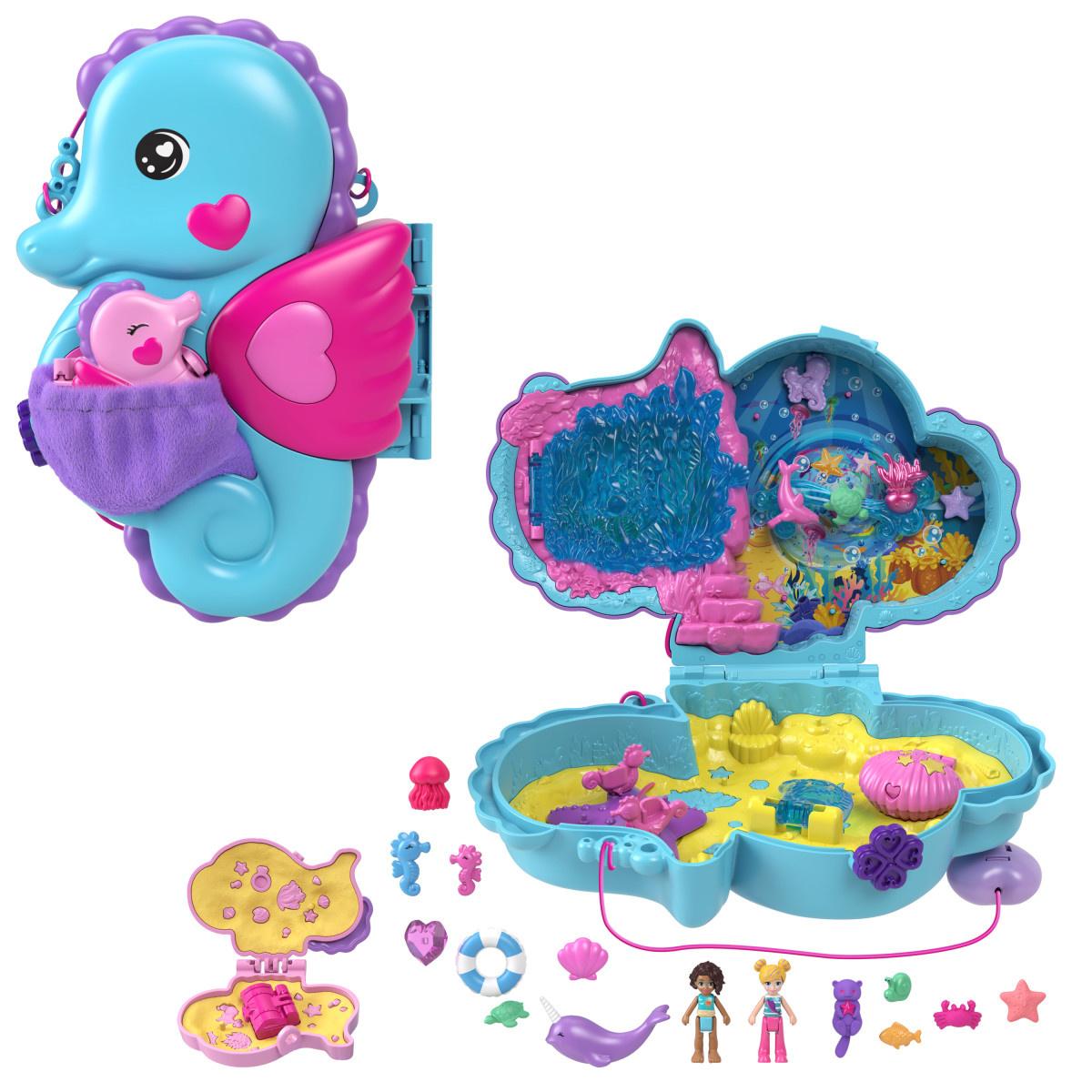 Polly Pocket Daddy and Me Seepferdchenschatulle mit 2 kleinen Puppen, Tieren und 13 Zubehörteilen, 2-in-1-Tasche und Spielzeug, mit Shani