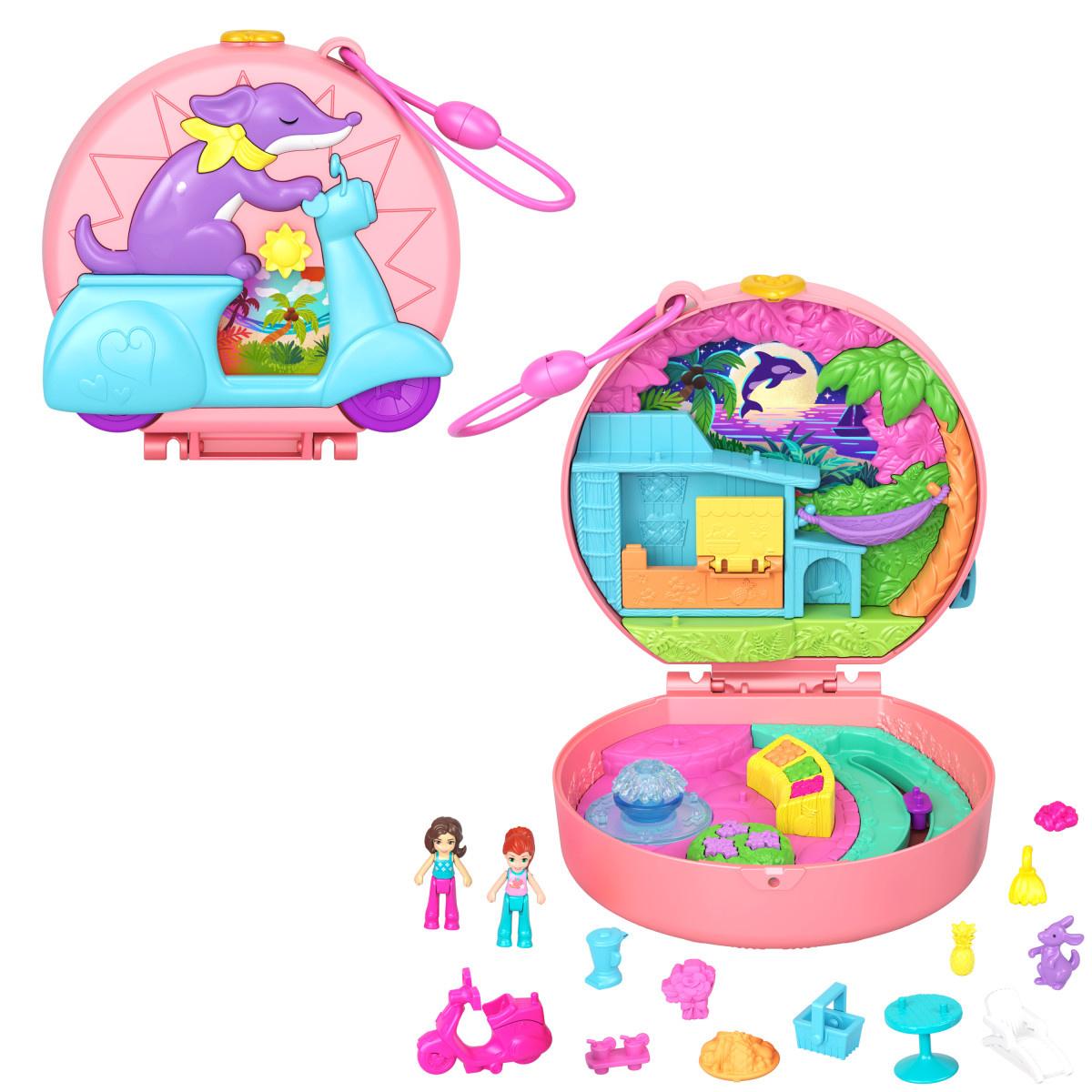 Polly Pocket Adventure Moped-Schatulle mit 2 kleinen Puppen und Tier, Reisespielzeug mit Zubehörteilen für Tier und Fahrzeug