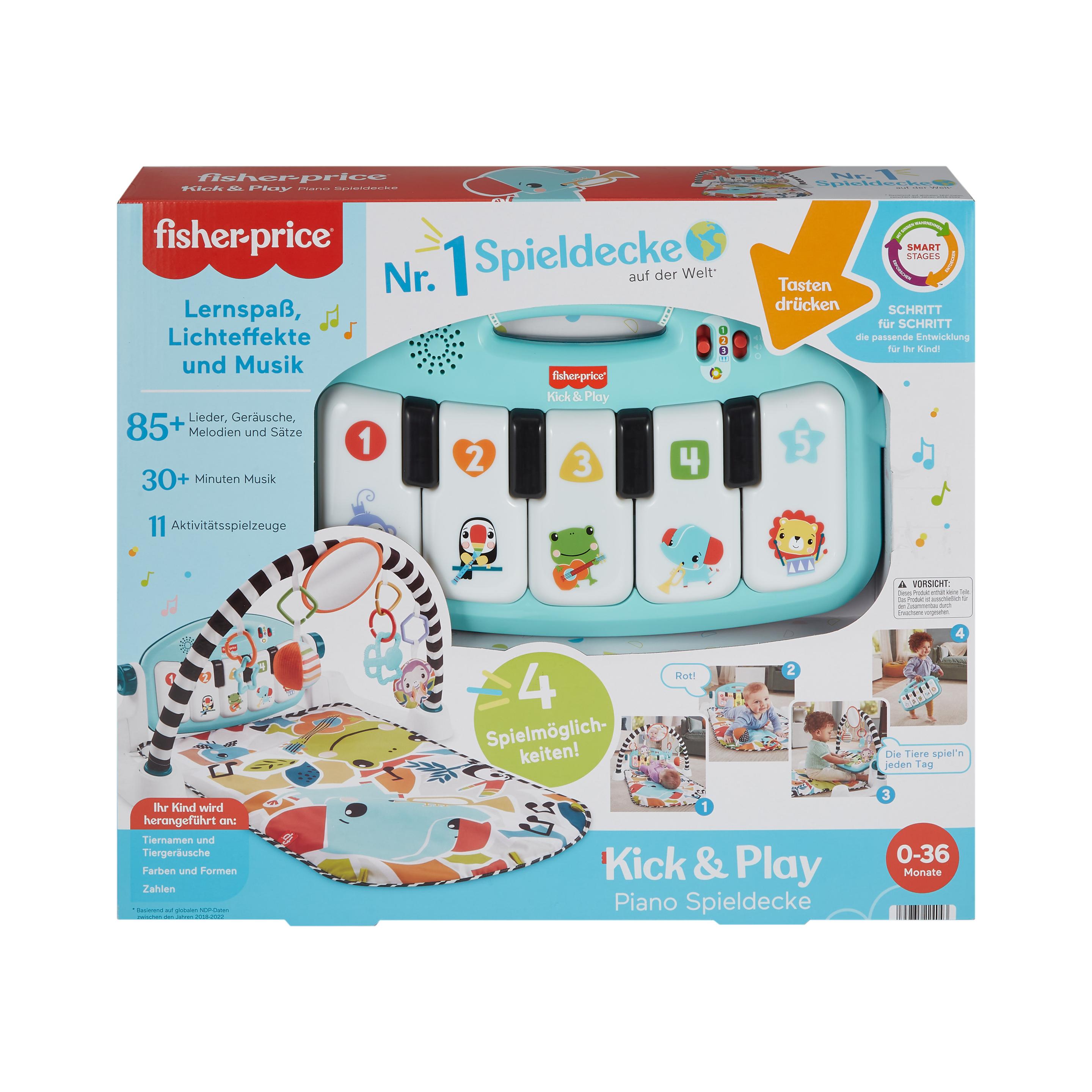 Fisher-Price Kontrast-Spieldecke für Babys, Spielspaß Piano-Gym, blau, deutsche Version
