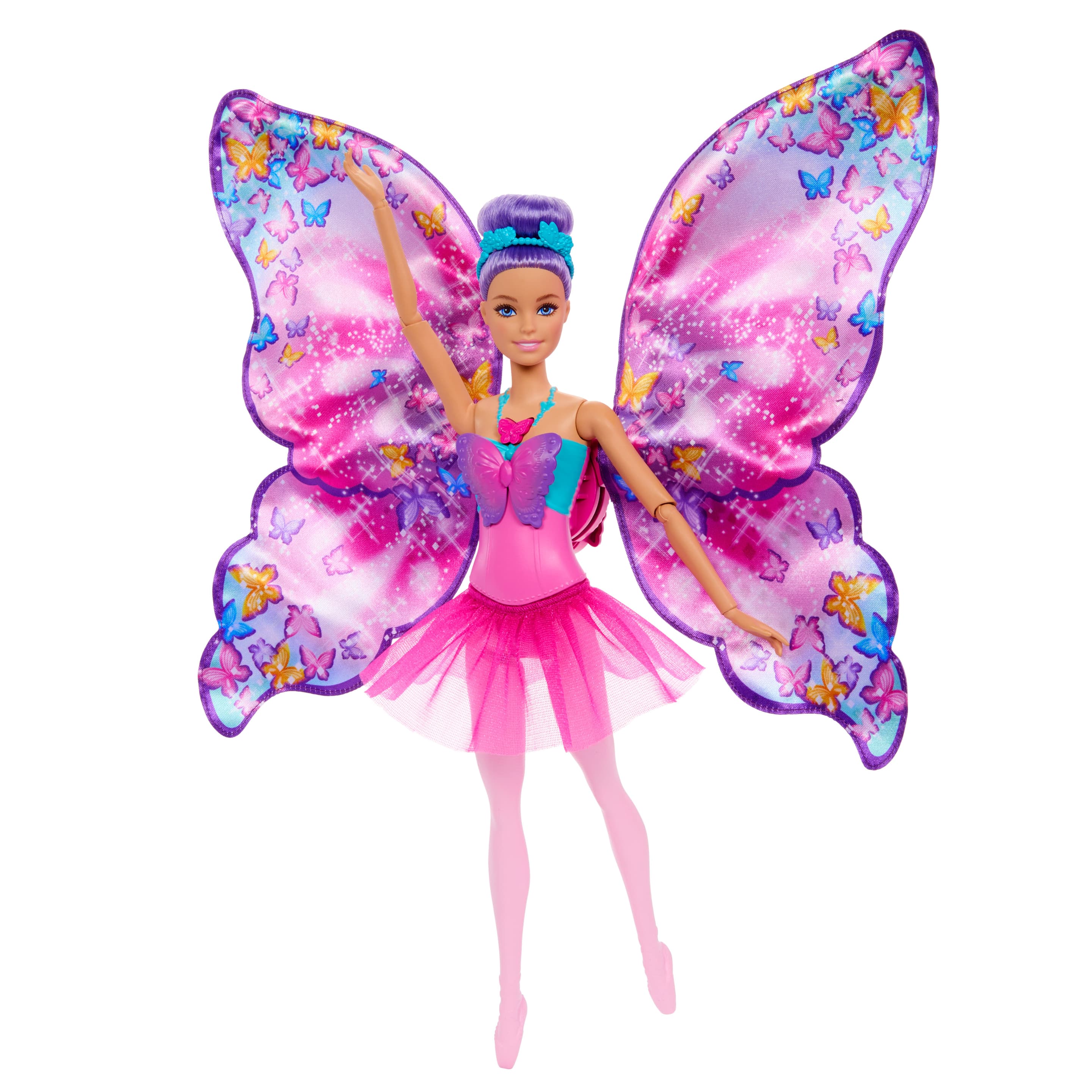 Barbie Tanz und Flatter Puppe mit 2-in-1-Verwandlung von der Tänzerin zum Schmetterling, violette Haare
