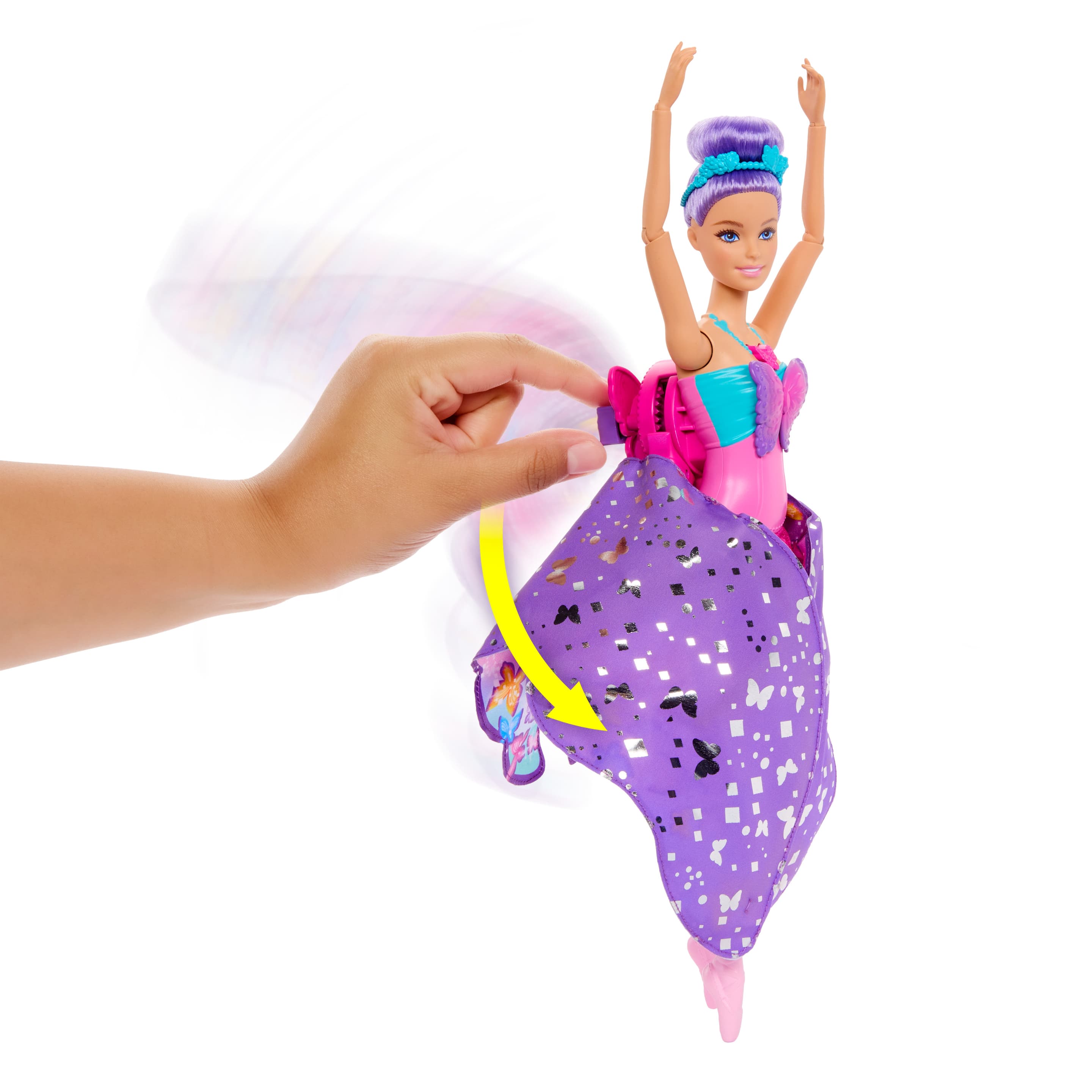 Produktbild Barbie Tanz und Flatter Puppe mit 2-in-1-Verwandlung von der Tänzerin zum Schmetterling, violette Haare 2 von 6