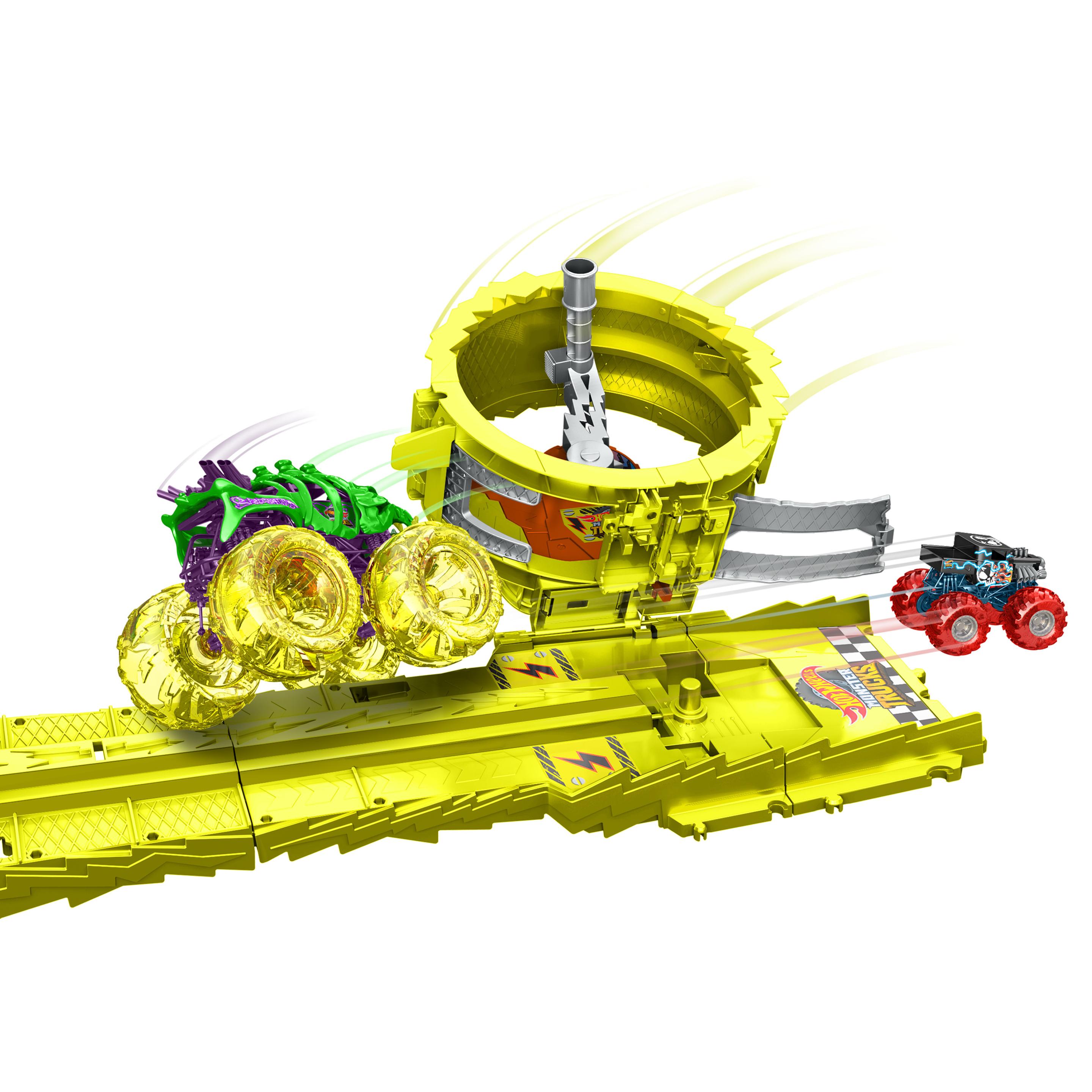 Produktbild Hot Wheels Monster Trucks Power Smashers Race&Chase Challenge mit extragroßem Skelesaurus, Bone Shaker im Maßstab 1:64 und 2 zerdrückten Autos 3 von 6