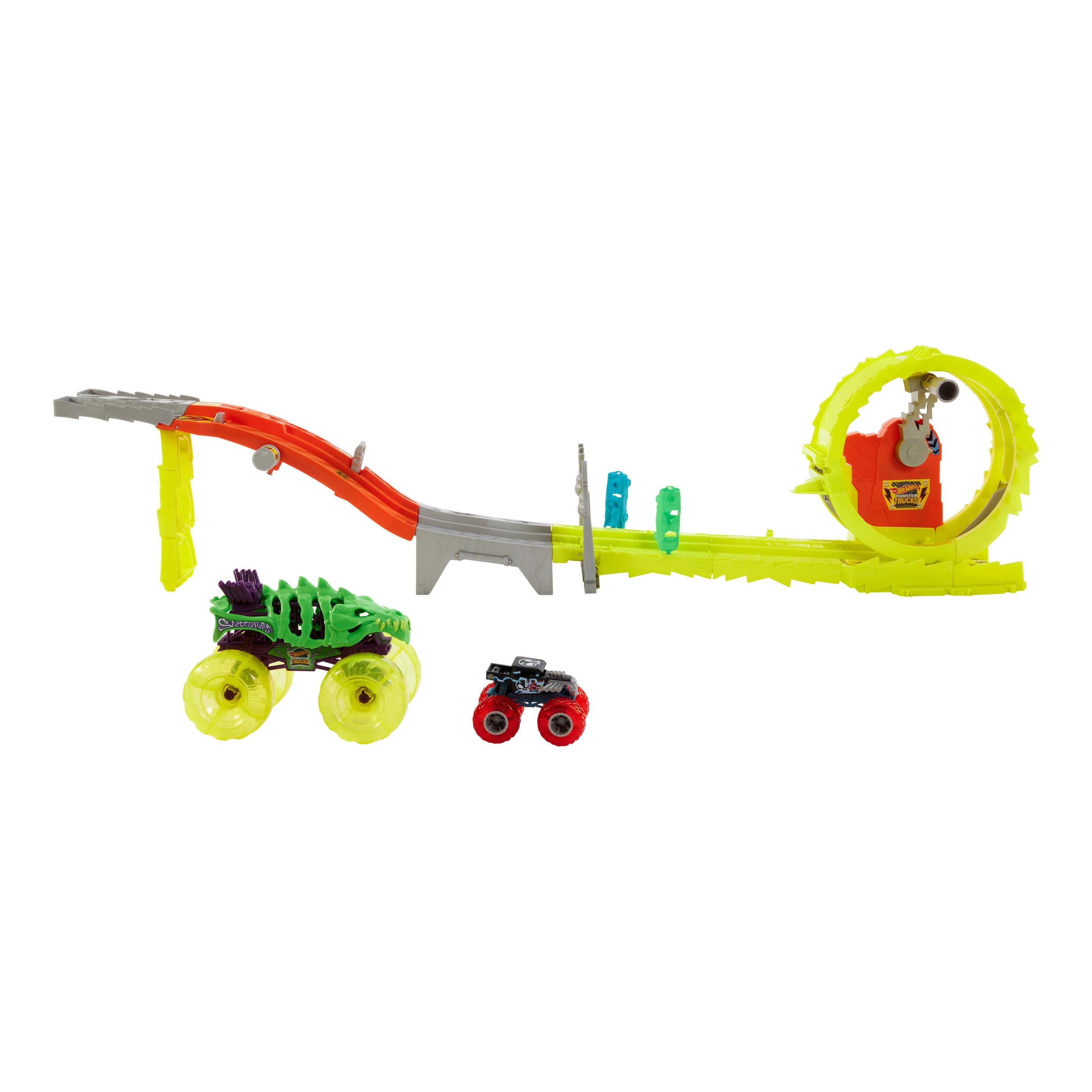 Produktbild Hot Wheels Monster Trucks Power Smashers Race&Chase Challenge mit extragroßem Skelesaurus, Bone Shaker im Maßstab 1:64 und 2 zerdrückten Autos 5 von 6