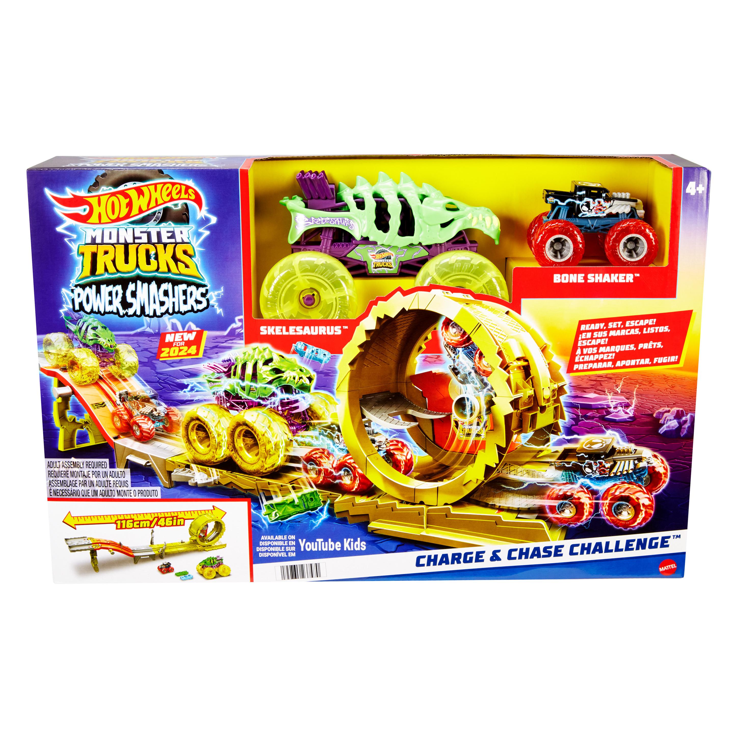 Produktbild Hot Wheels Monster Trucks Power Smashers Race&Chase Challenge mit extragroßem Skelesaurus, Bone Shaker im Maßstab 1:64 und 2 zerdrückten Autos 6 von 6