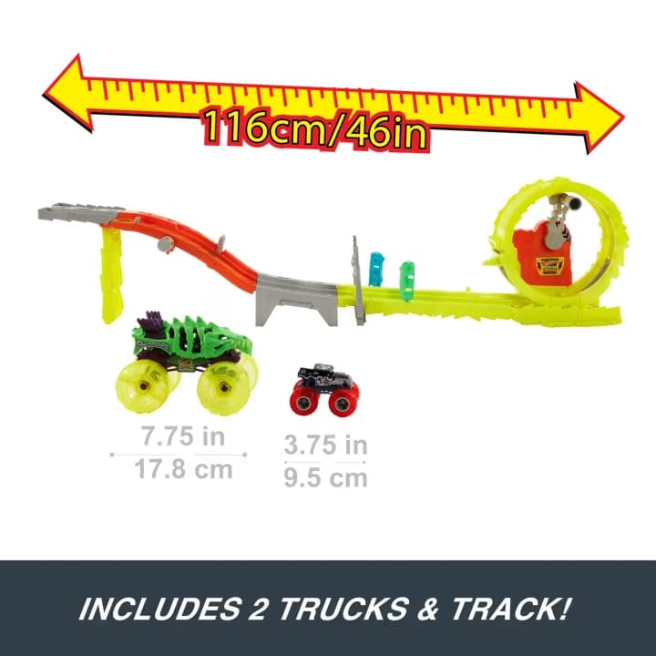 Produktbild Hot Wheels Monster Trucks Track Set mit 2 übergroßen Trucks – Skelesaurus & mehr 4 von 5